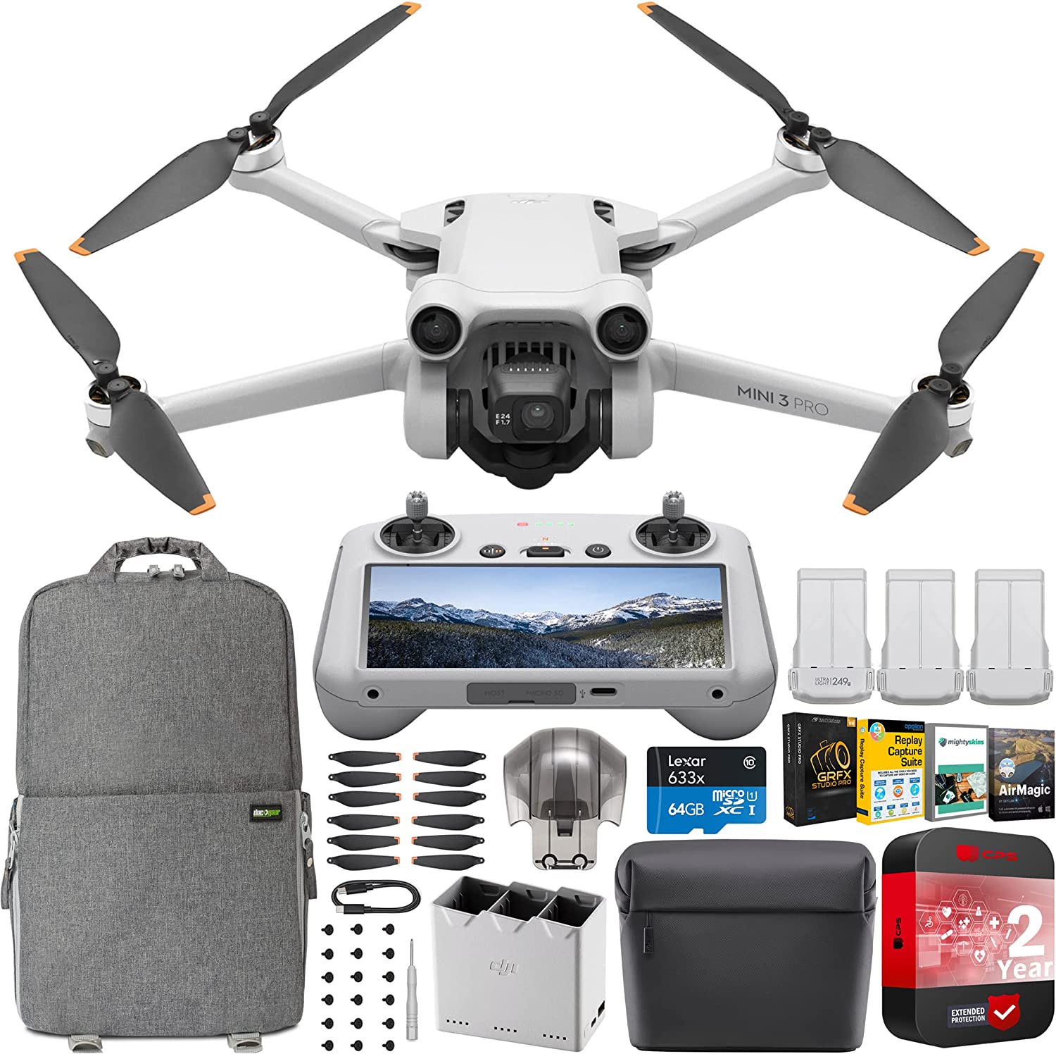 DJI Mini 3 Pro Camera Drone Quadcopter with RC Smart Remote Controller + Fly More Kit Plus with 4K 48MP Extended Protection & 3 Battery Bundle with Deco Gear Backpack + Accessories