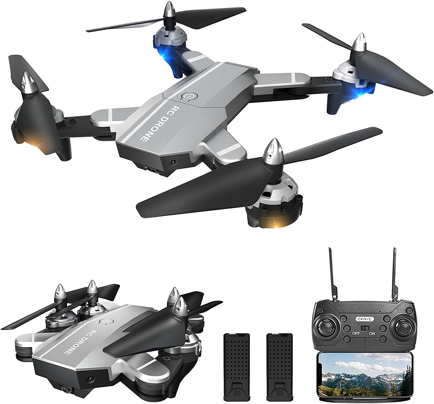 Foldable Drones with 1080P HD Camera for Adults Beginners, RC Quadcopter WiFi FPV Live Video Drone, Dual Camera Drone, Altitude Hold, Headless Mode, One Key Take Off for Kids with 2 Batteries, Silver