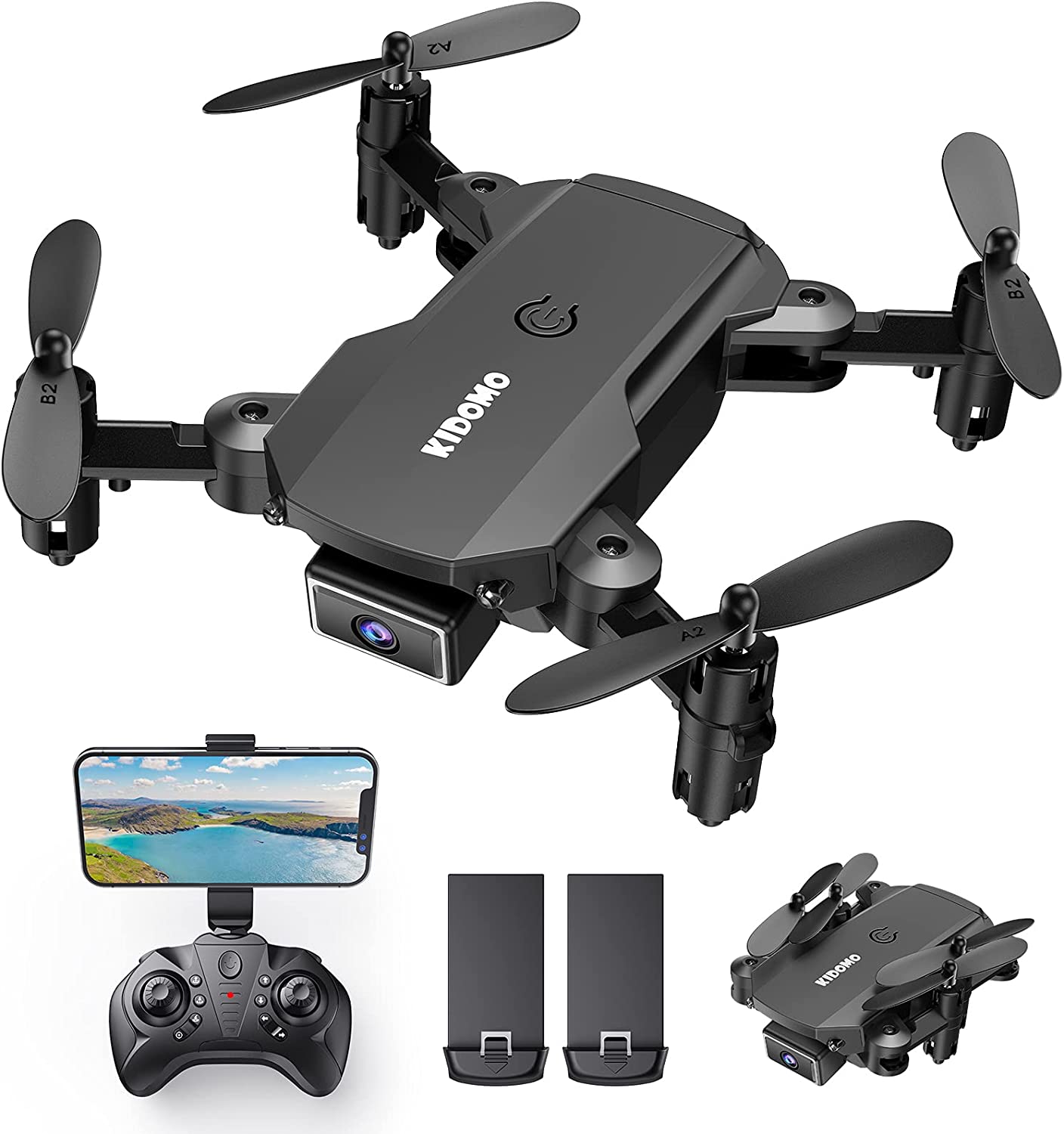 KIDOMO F02 Mini Drone with Camera – 1080P FPV Foldable Drone Gifts for Beginner Kids Support Voice/Gesture Control, 3D Flips, Headless Mode, One Key Start and 2 Batteries, BLACK