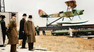 Winston Churchill and others waiting to watch the launch of a de Havilland Queen Bee target drone