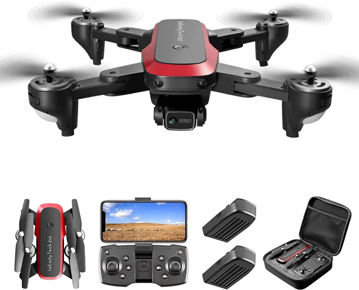 InfinityTech S8000 Drone with 90° electrically adjustable 4k Camera for Kids and Adults – FPV Live Video Quadcopter equipped with 2 Batteries for up to 40 minutes of flight time – Long range distance up to 300m – 360° flip – Follow me – Auto return – One key take off/landing – Altitude hold – Indoor & Outdoor Toy