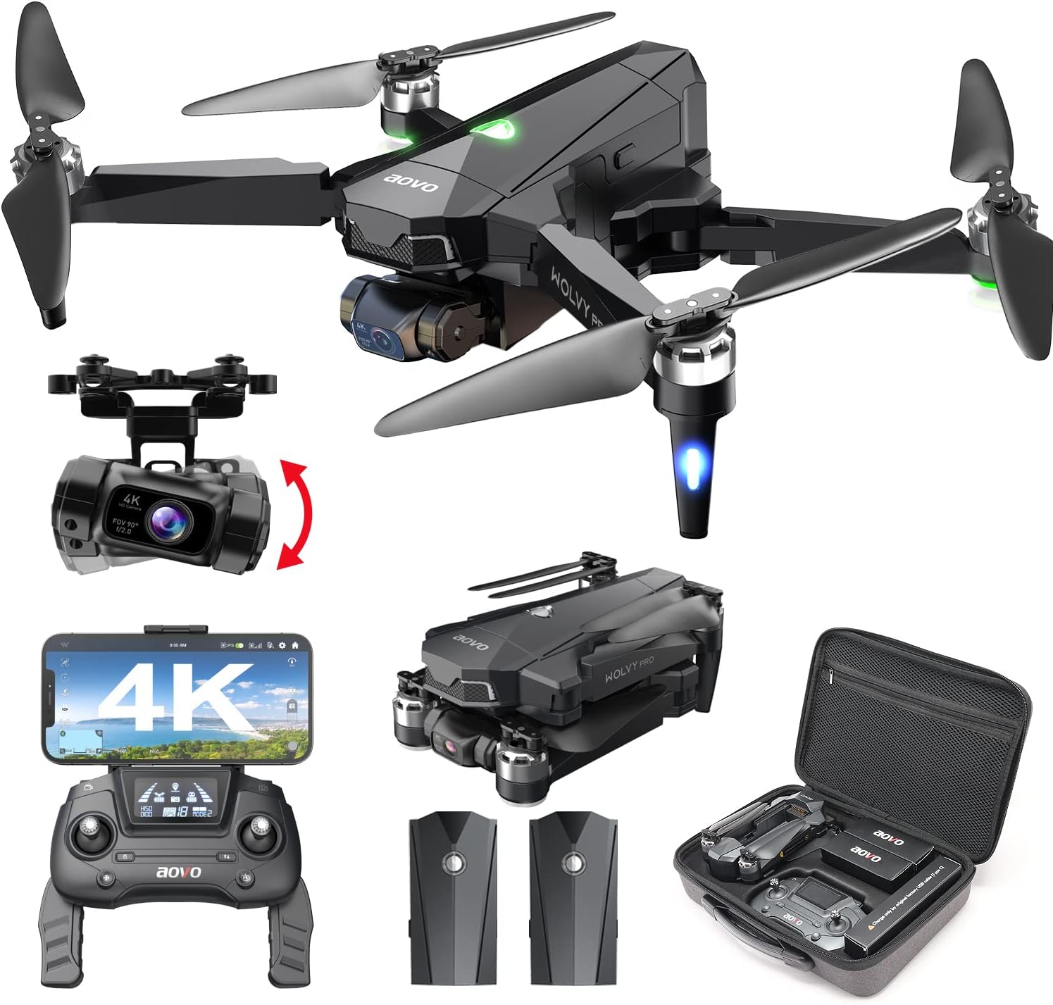 aovo Drone with 4K Camera for Adults,2-Axis Gimbal Quadcopter with EIS Anti-Shake,Beginner Drone with 2 Batteries 56Mins Flight Span,5G FPV Video Brushless Motor,GPS Auto Return Home,Follow Me Mode