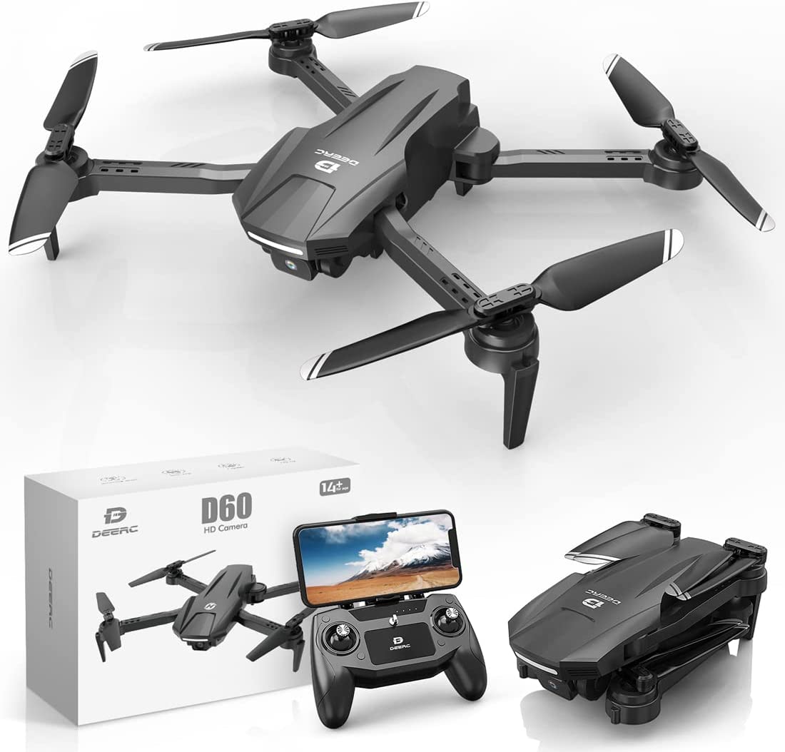 DEERC D60 Drones with Camera for Adults, Kids, FPV 1080P HD Video, Long Battery Presence, Gravity Sensor, Foldable, Hobby RC Quadcopter, Suitable as Gifts for Boys, Girls, Beginner Adults, 1 Piece, Black