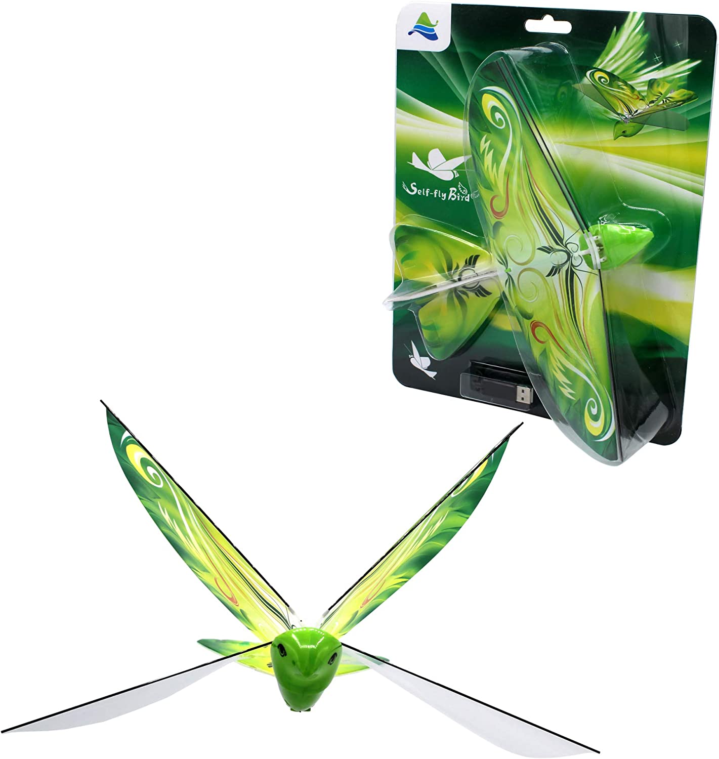 MUKIKIM Self Flying eBird Green Parrot – Electronic Flying Bird Toy Drone. Adjust The Rudder to Make The Flapping Wings Bird Fly Forward and Back to You. 3 Flying Models! No Remote Command Needed