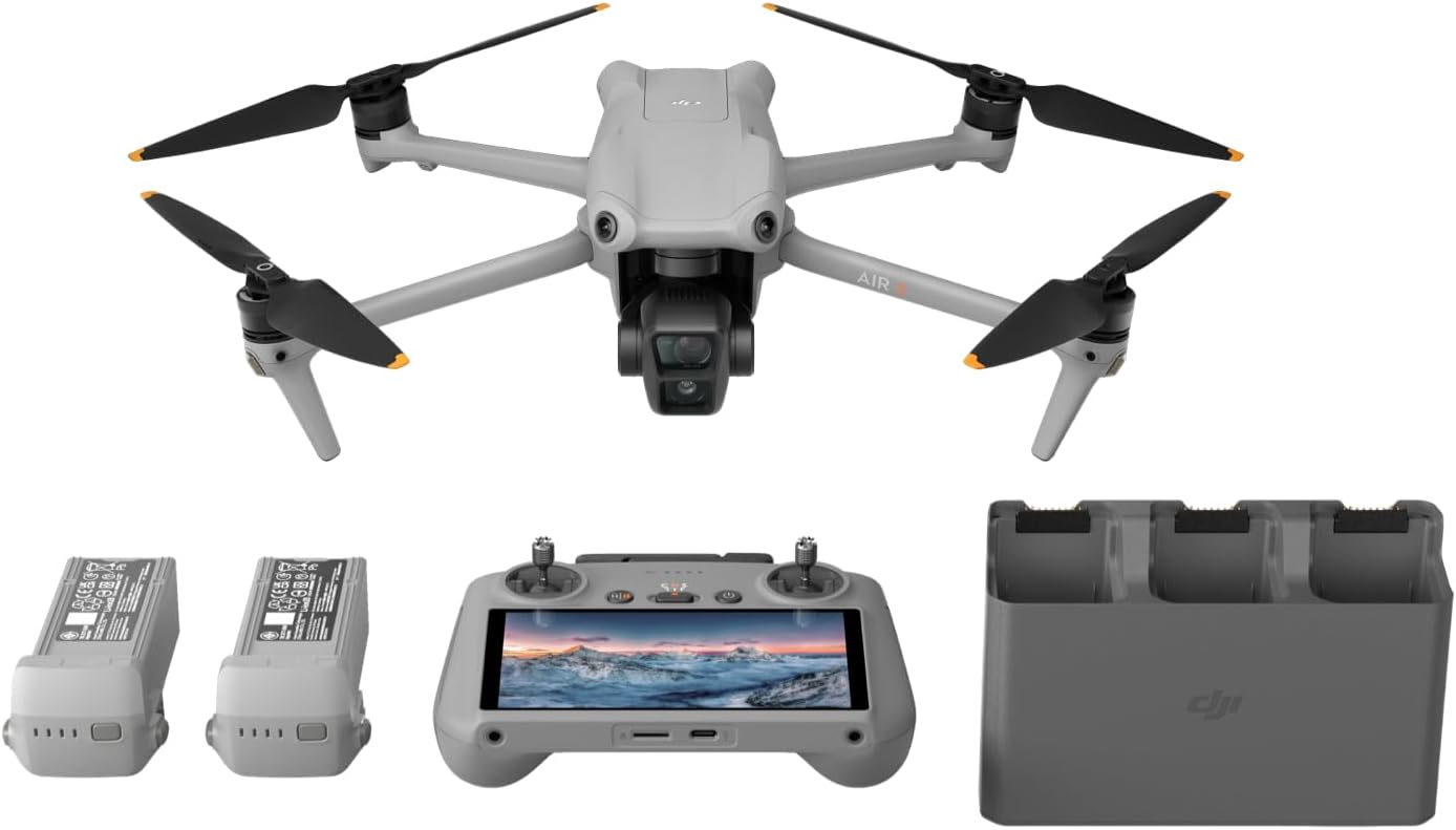 DJI Air 3 (DJI RC-N2), Drone with Medium Tele & Wide-Angle Dual Primary Cameras, 46-Min Max Flight Time, Omnidirectional Obstacle Sensing, 48MP Photos, 4K/60fps HDR, up to 20Km Video Transmission