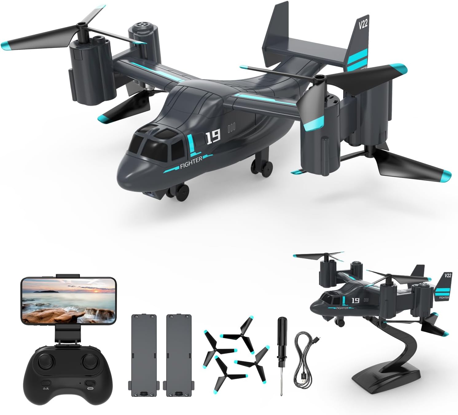 LMRC LM19 Remote Control Airplane with HD Camera for Adults and Kids, V-22 Osprey RC Plane, Easy & Ready to Fly Rc Drone, RC Quadcopter Drones, WiFi Live Video, 2 Modular Batteries