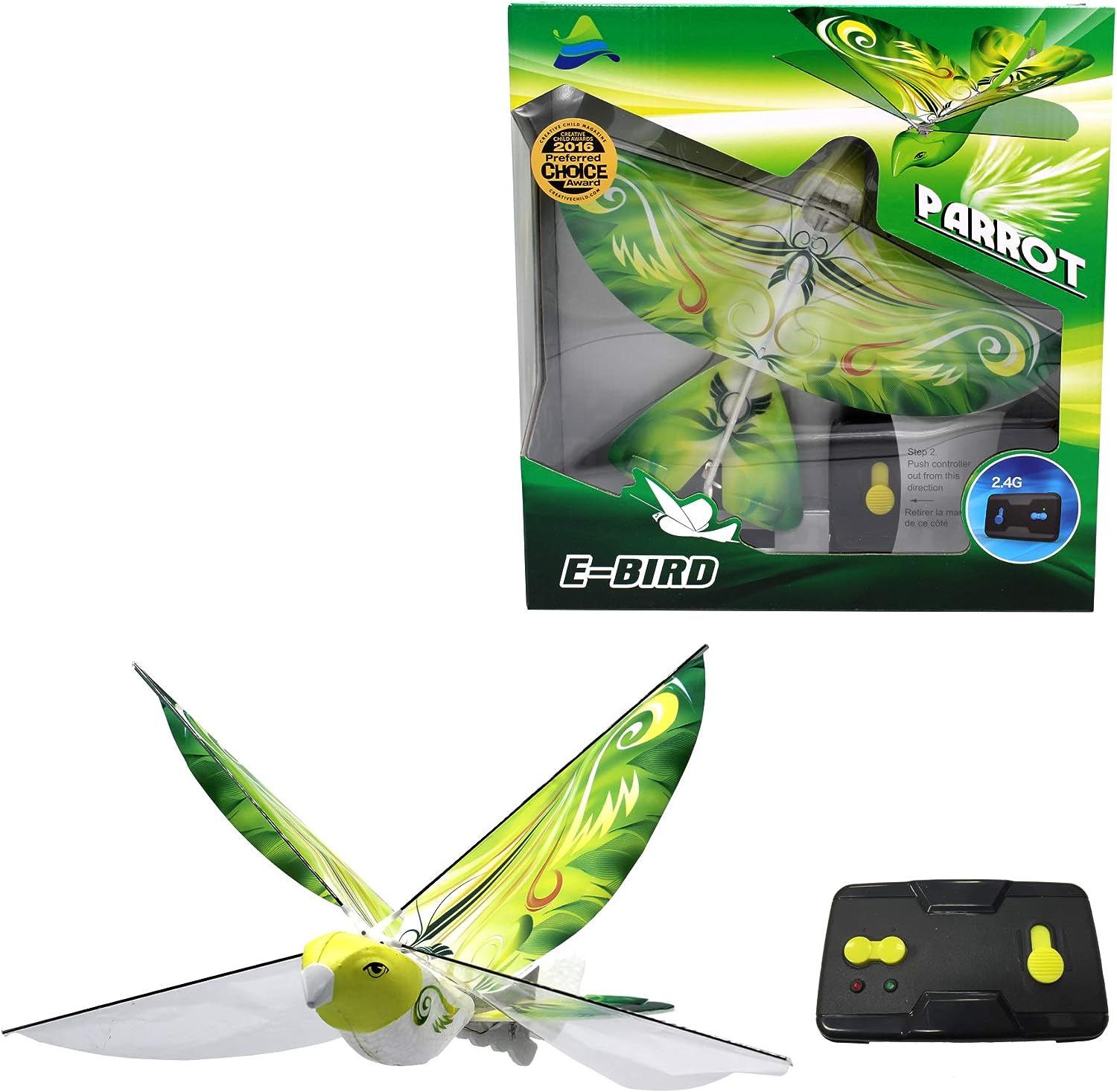eBird Green Parrot – Flying RC Bird Drone Toy for Kids. Indoor / Outdoor Remote Control Bionic Flapping Wings Bird Helicopter. USB Recharging.