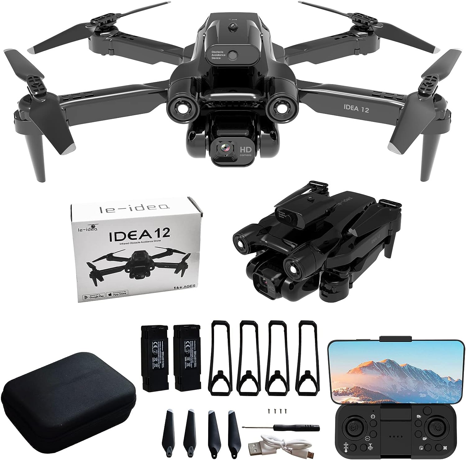 IDEA12 Drones with 1080P Camera for Adults, Foldable FPV RC Drone Quadcopter with 360°Active Obstacle Avoidance, Dual Cameras Helicopters, Altitude Hold, 360° Flip, Headless Mode, Carrying Bag