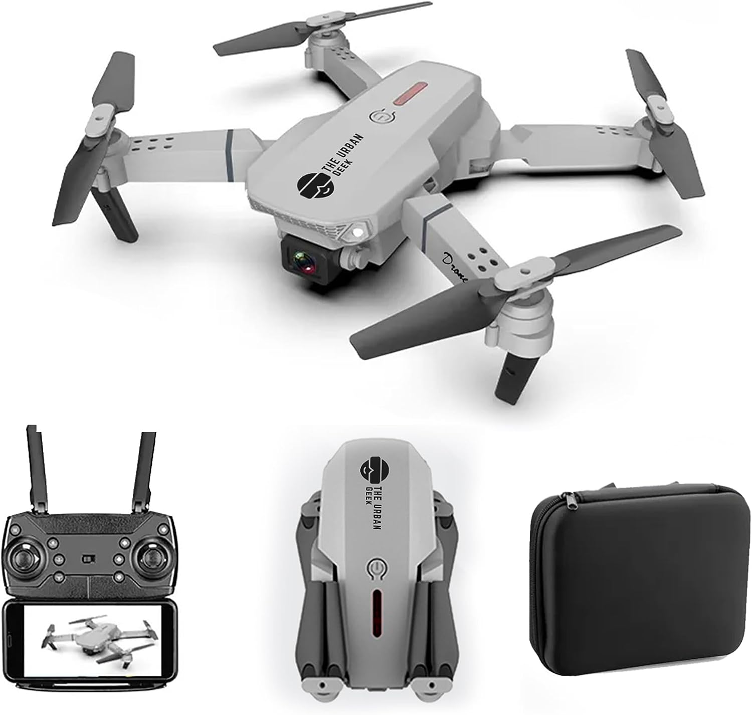 TheUrbanGeek E88 Drone with Dual Camera – Foldable FPV Live Video RC Quadcopter with Altitude Hold, One Key Return, 360 Degree Flip, Intelligent Control – Remote & App Control – Gray