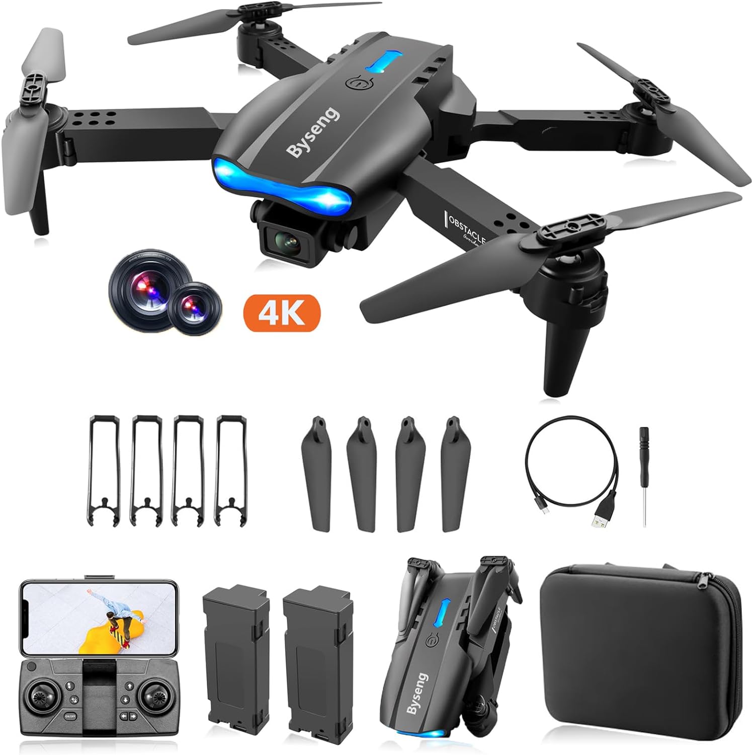 Byseng Drone with Camera for Adults – Dual 4K FPV Camera Drones with 2 Batteries, Foldable Drone with 3-Way Intelligent Obstacle Avoidance, Remote Control Toys Drone RC Quadcopter, Headless Mode, One Key Start, Speed Adjustment, Trajectory Flight