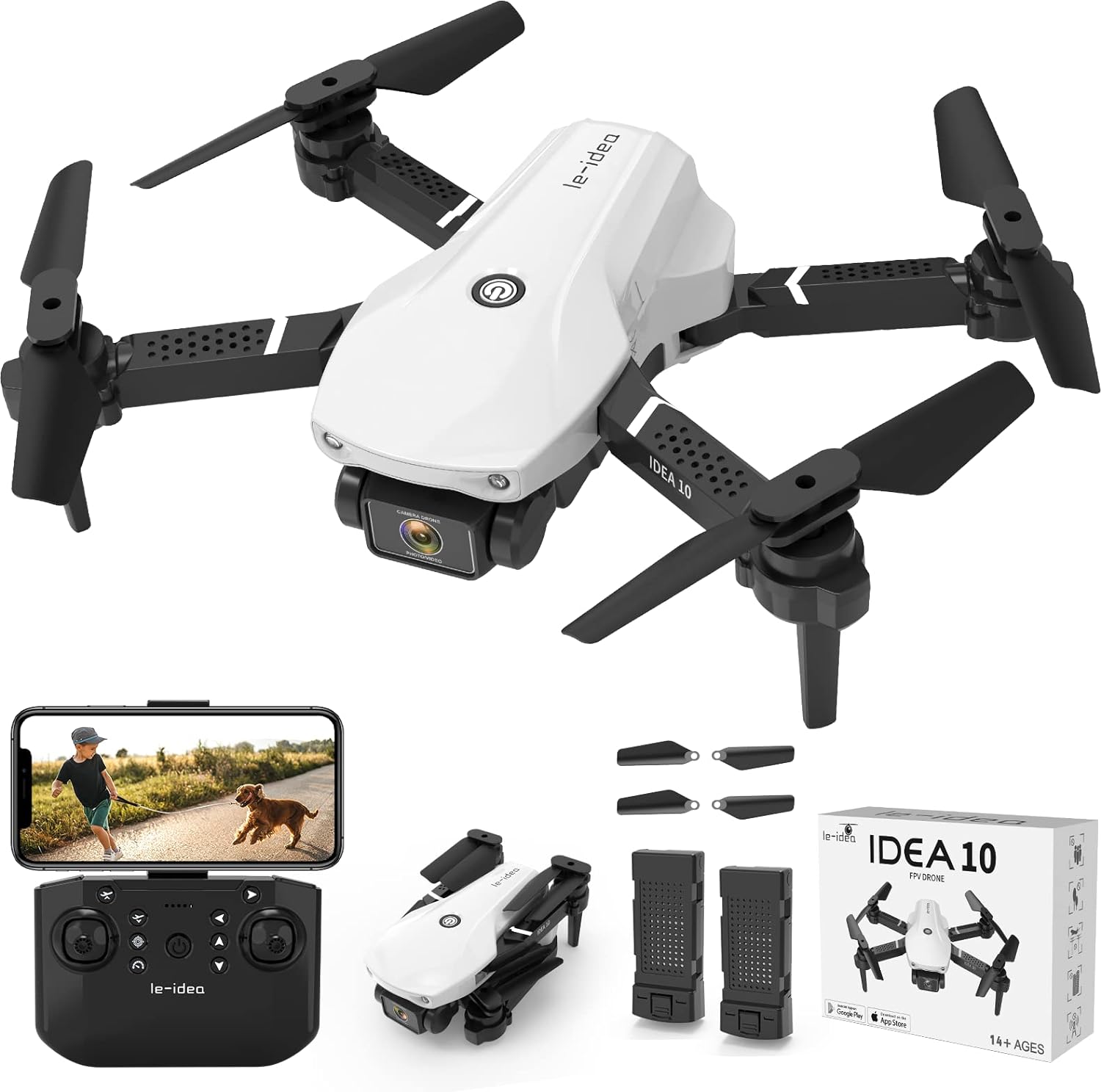 le-idea IDEA10 Mini Drone with Camera, 2 Cameras FPV Foldable Drones, 720P HD RC Quadcopters with Optical Flow Positioning Helicopter for Beginners, 3D Flips, 2 Batteries