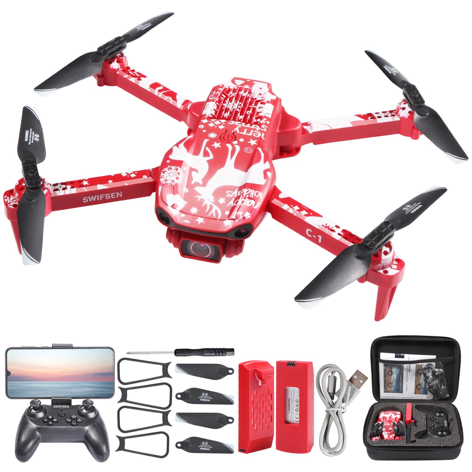 Swifsen Mini Drone with camera， Auto return,1080P HD FPV Camera Remote Control Toys, Altitude Hold, One Key Take Off/Land, 45° Adjustable Lens, 2 Batteries, Christmas Gifts for Kids, Adults, beginner
