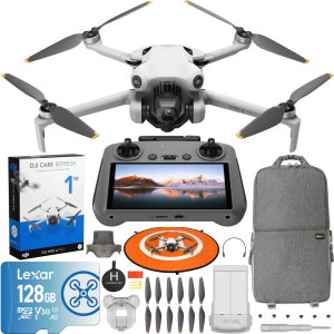 DJI Mini 4 Pro Folding Drone with RC 2 Remote (With Screen) Fly More Combo, 4K HDR Video, Under 249g, Omnidirectional Sensing, 3 Batteries Bundle with 1 Year DJI Care Refresh Plan & Accessories