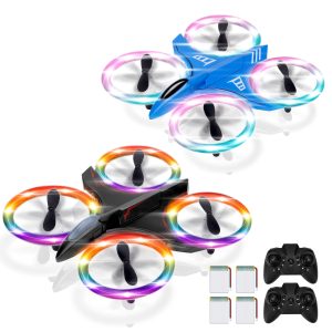 Drones for Kids 2 Pack with Dazzle Colorful LED Lights, Mini Drone for Kids 2 Batteries Remote Control Headless Mode,3D Flip,Altitude Hold, Three Speeds, Flying Toys for Boys Girls Gifts, Black/Blue