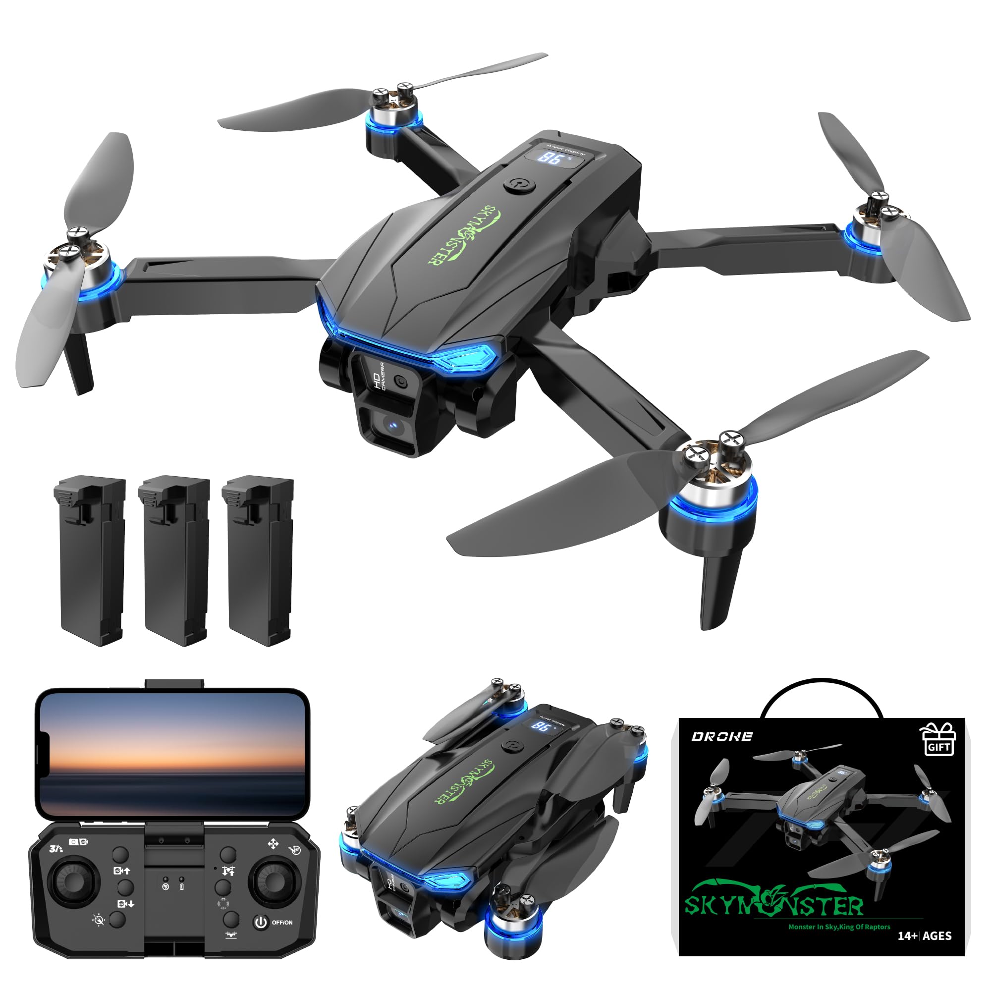 SKYMONSTER Falcon 1 RC Drone,1080P HD Camera, Brushless Motor, Optical Flow Positioning, Low-Power/Remote Alarm, Real-Time Battery Display, for Childers and Adukts toys,Gift Box,3PC Battery
