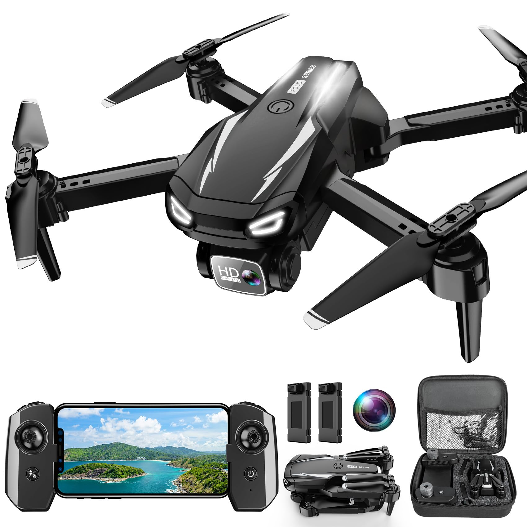 Drone with Camera, 1080P HD FPV Foldable Drone for Adults Beginners, Brushless Motor RC Quadcopter with Stable Hover, Gestures Selfie, Waypoint Fly, 3D Flips, One Key Start, 2 Batteries