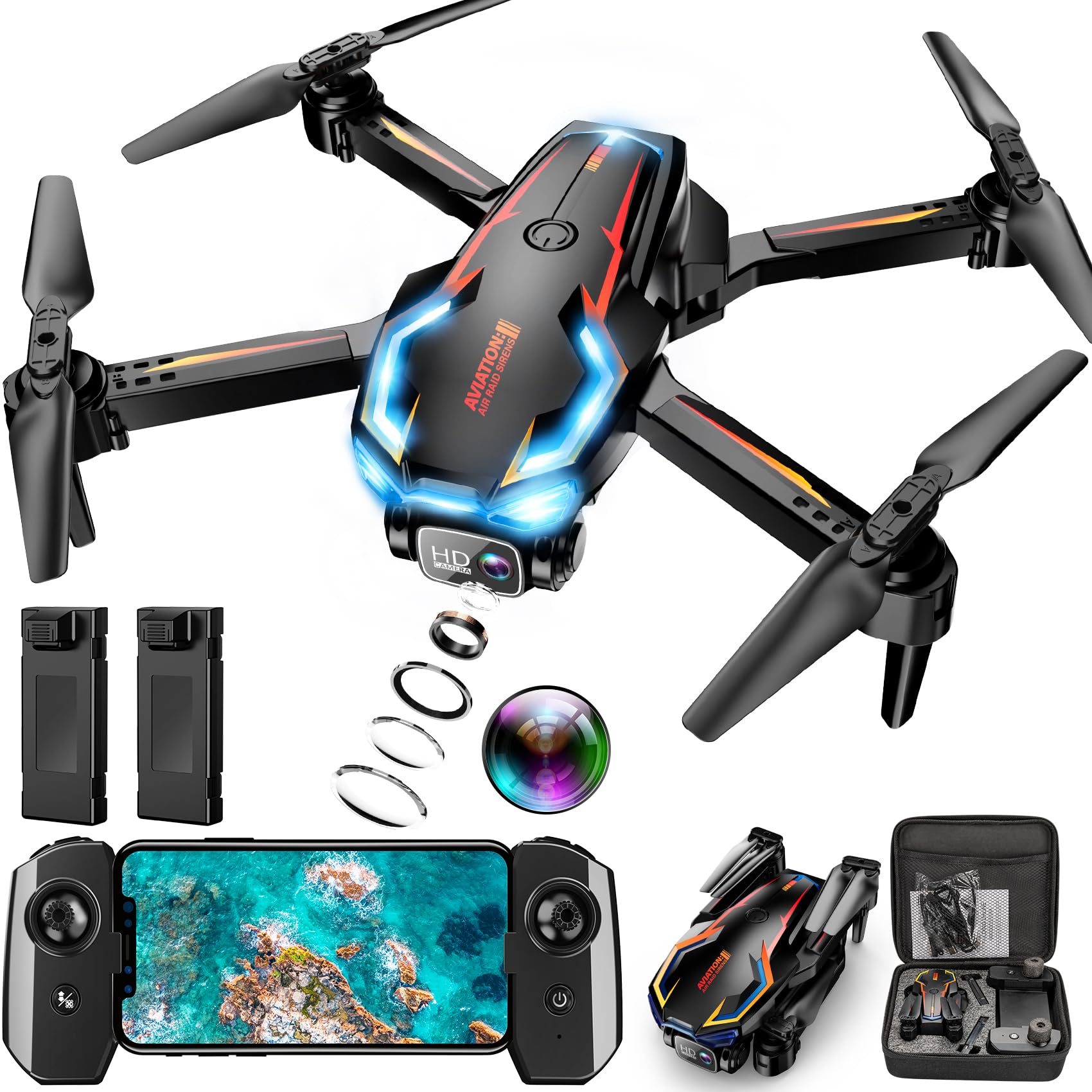 Drone with Camera for Adults, 2K HD FPV Drones with Upgrade Altitude Hold, One-Key Take Off/Landing, Speed Adjustment, Headless Mode, 2 Batteries, Toys Gifts for Teen Boys Girls, Beginner