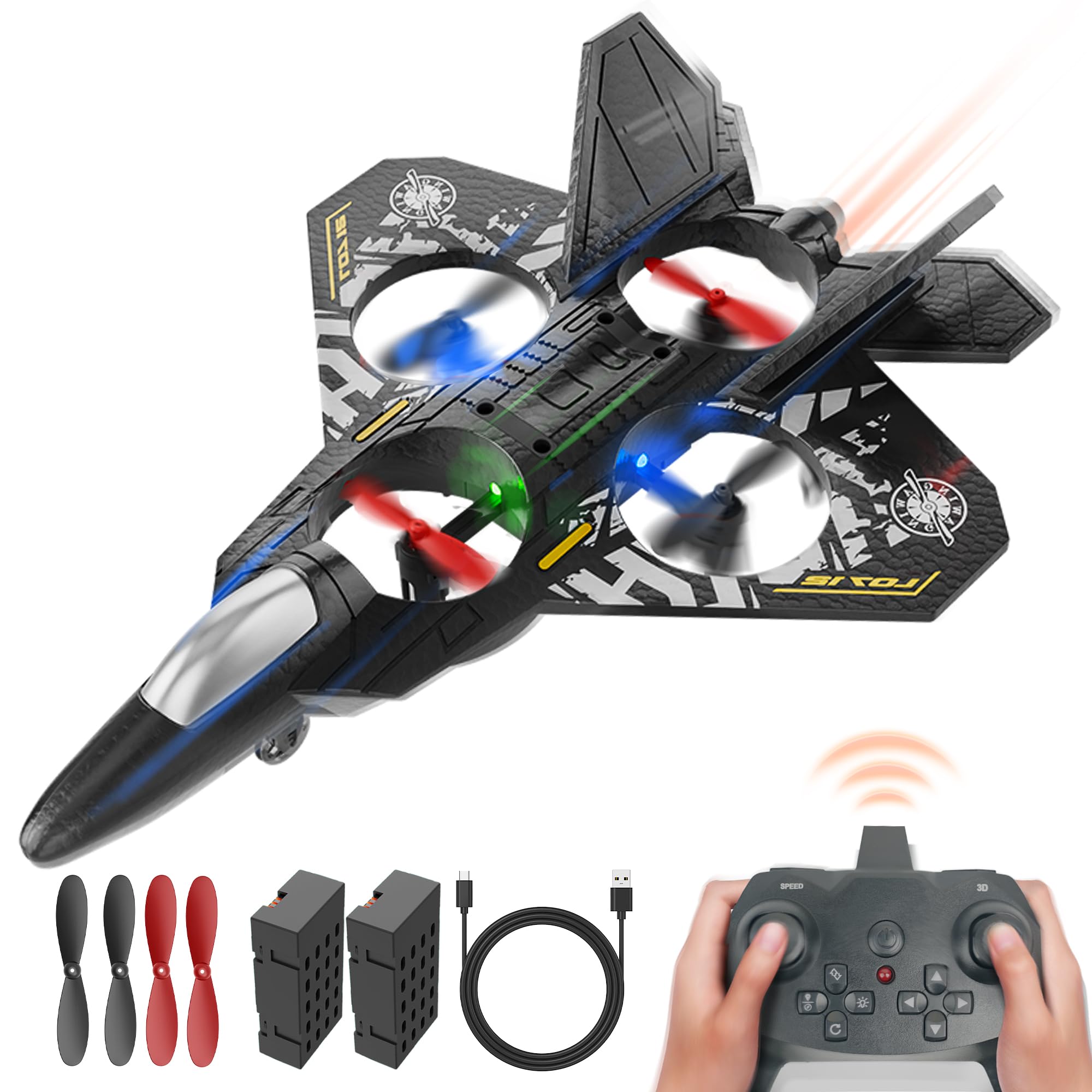 BEZGAR Drones for Kids | 2.4GHZ RC Plane, 6-axis Gyro Remote Control Airplane, RC Helicopter, 360° Flip Fighter Jet Toy with Colorful LED Navigation Light Blue