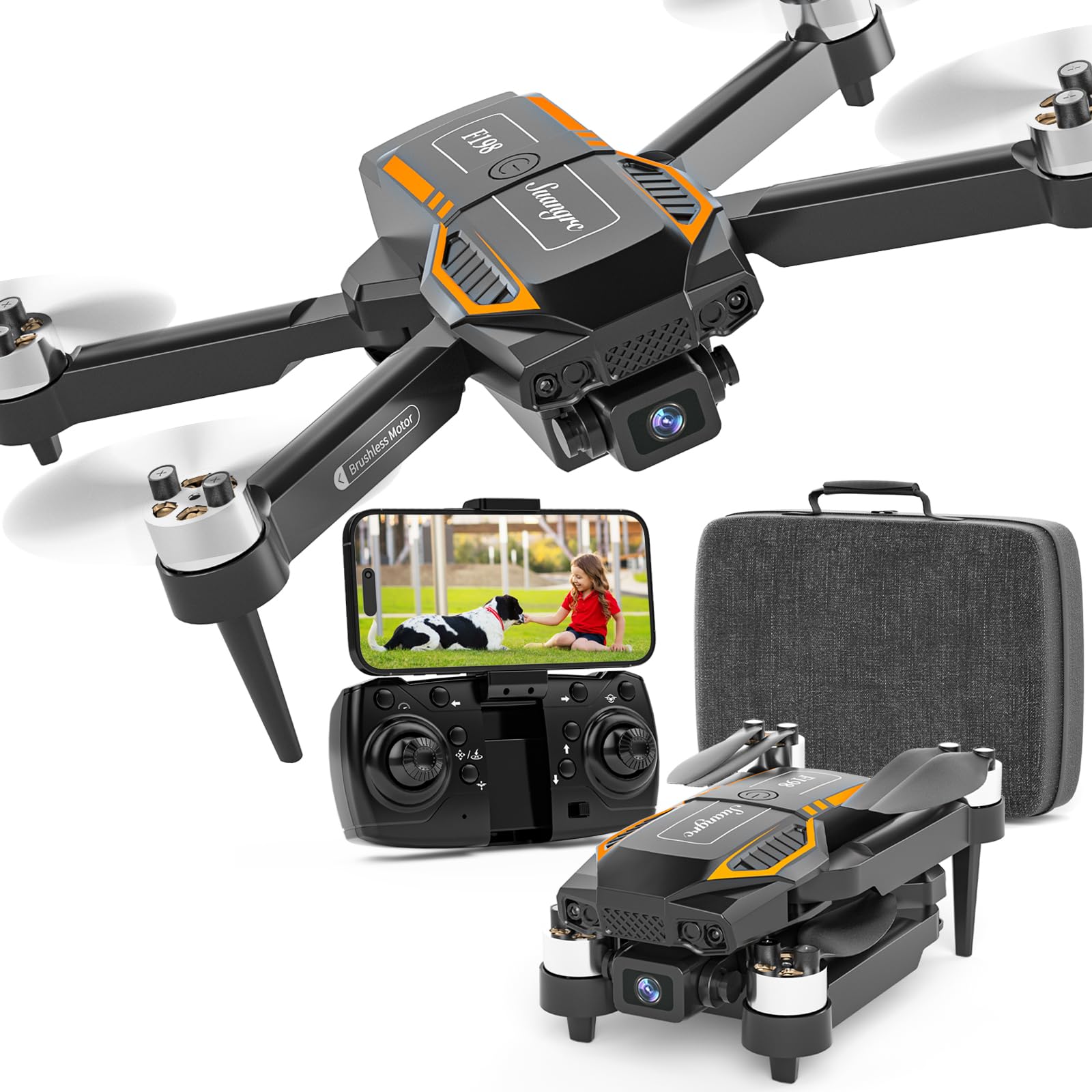 F198 Drone with Dual Camera, 720P HD 90° Adjustable Lens, Quadcopter Dual Camera, WiFi APP, 3D Flip, Auto Hold, Optical Flow Positioning, Foldable Drone for Adult Beginners