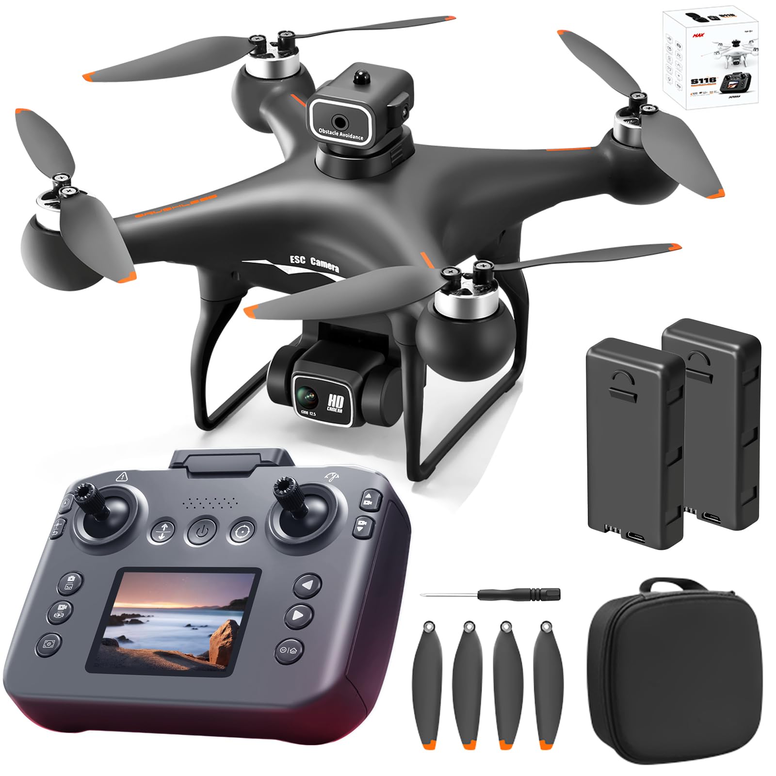 S116 GPS Drone with Screen Controller, Two-batteries, Brushless Motor, Altitude Hold, One Key Take Off/Landing, with Black Outdoor Carrying Case (White – 2 batteries)