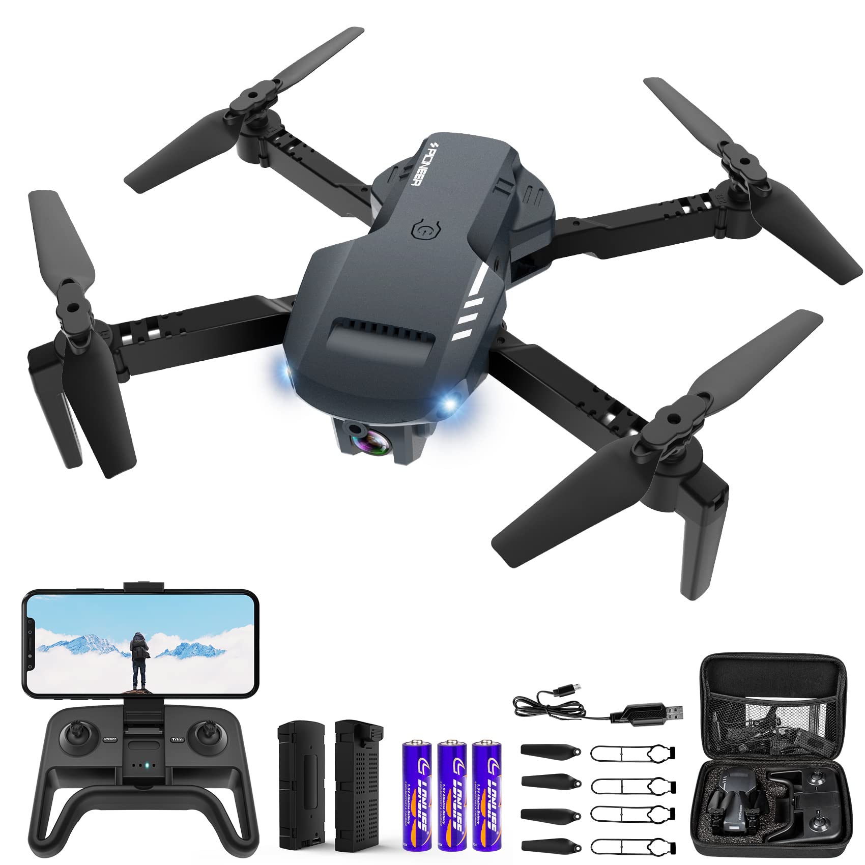 RADCLO Drones for Adults – Drone with camera 1080P HD, FPV Foldable Drone with Carrying Case, 2 Batteries, 90° Adjustable Lens, One Key Take Off/Land, Altitude Hold, 360° Flip