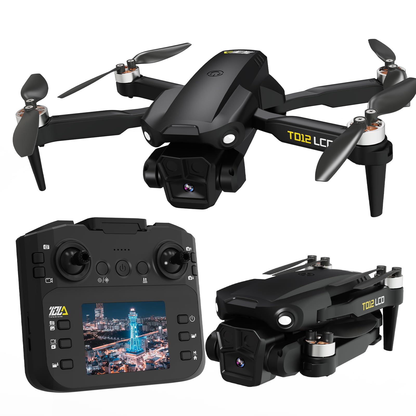 Toladrone TD12LCD Drone with Camera, Foldable RC Drone with LCD Screen Remote Control Brushless Motor Dron Optical Flow Positioning Drones for Adults Quadcopter for Beginners