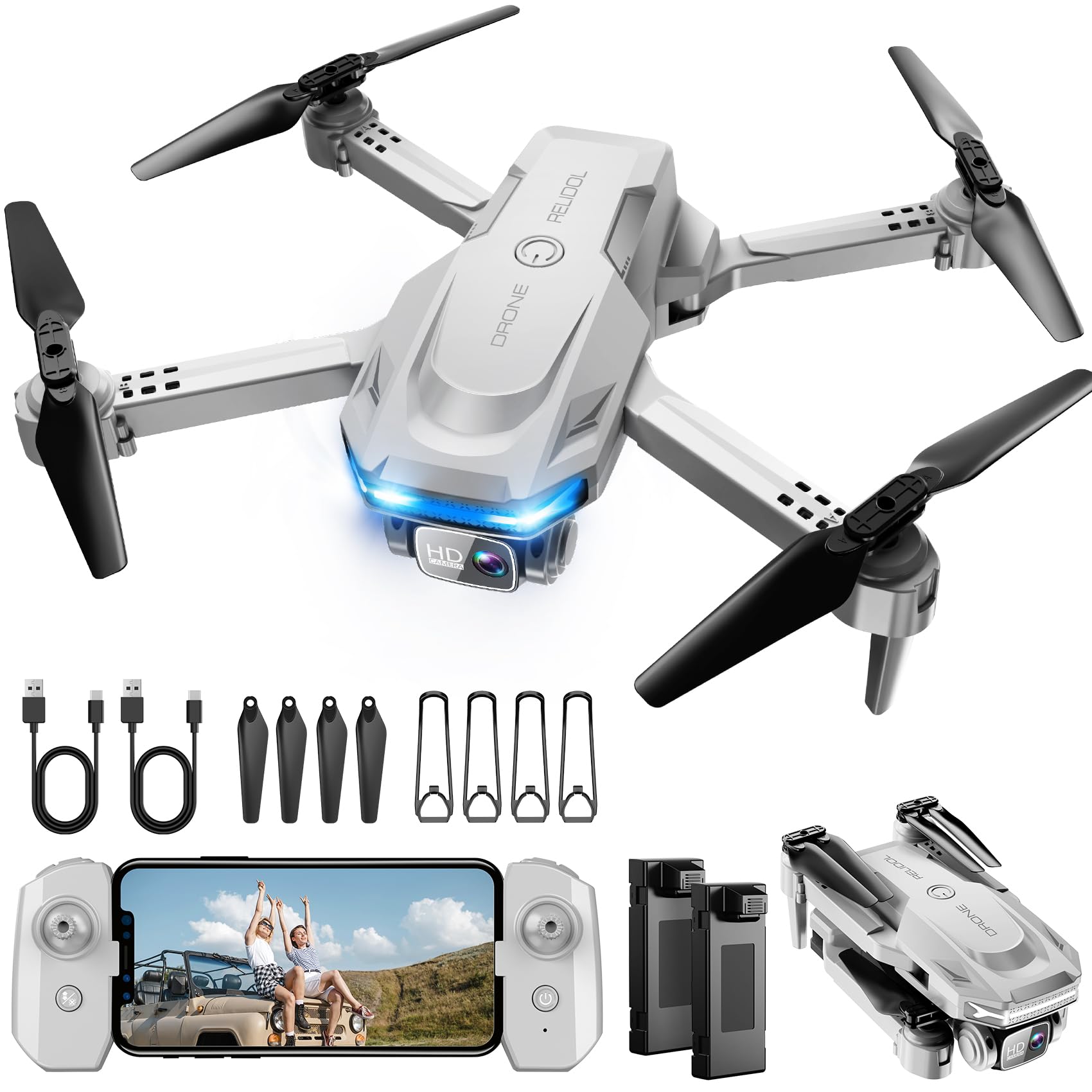 Drone with 1080P Camera – Foldable Remote Control Quadcopter with Voice Gesture Control, 3D Flip, One Key Start, Emergency Stop, 2 Batteries, Easier to use, Toy for Adults Beginners, Grey