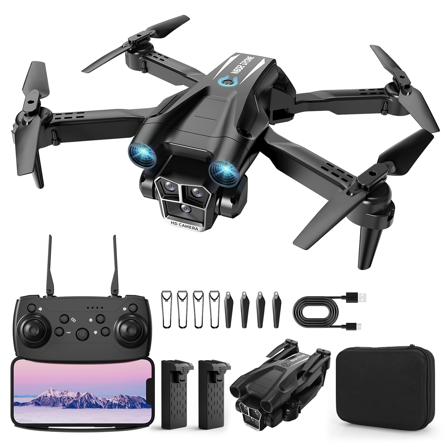 Drone with Camera 1080P HD, Mini Drone for Beginners Kids Adults, RC Quadcopter with 2 Batteries, Carrying Case, Stable Hover, Trajectory Flight, Gravity Control, One Key Take Off/Land, Black