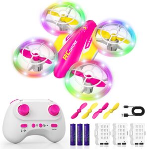 FUNPX Girls LED RC Drone, Christmas Birthday Gift for Girls Aged 6+ with Remote Batteries, 360° Flips, 3 Speed Modes, 45 Min Flight Indoor and Outdoor Flying Toy – Rose Red Yellow