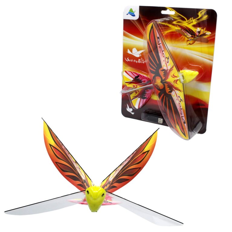 MUKIKIM Self Flying eBird Orange Phoenix – Electronic Flying Bird Drone Toy. Adjust The Rudder to Make The Flapping Wings Bird Fly Forward and Back to You. 3 Flying Models! No Remote Control Needed