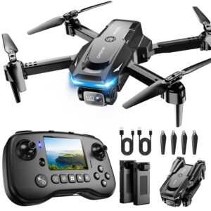 Drone with Camera - Drone with Screen on Controller for Beginners, Foldable Remote Control Quadcopter with Voice Gesture Control, 3D Flip, One Key Start, Emergency Stop, 2 Batteries, Easier to use
