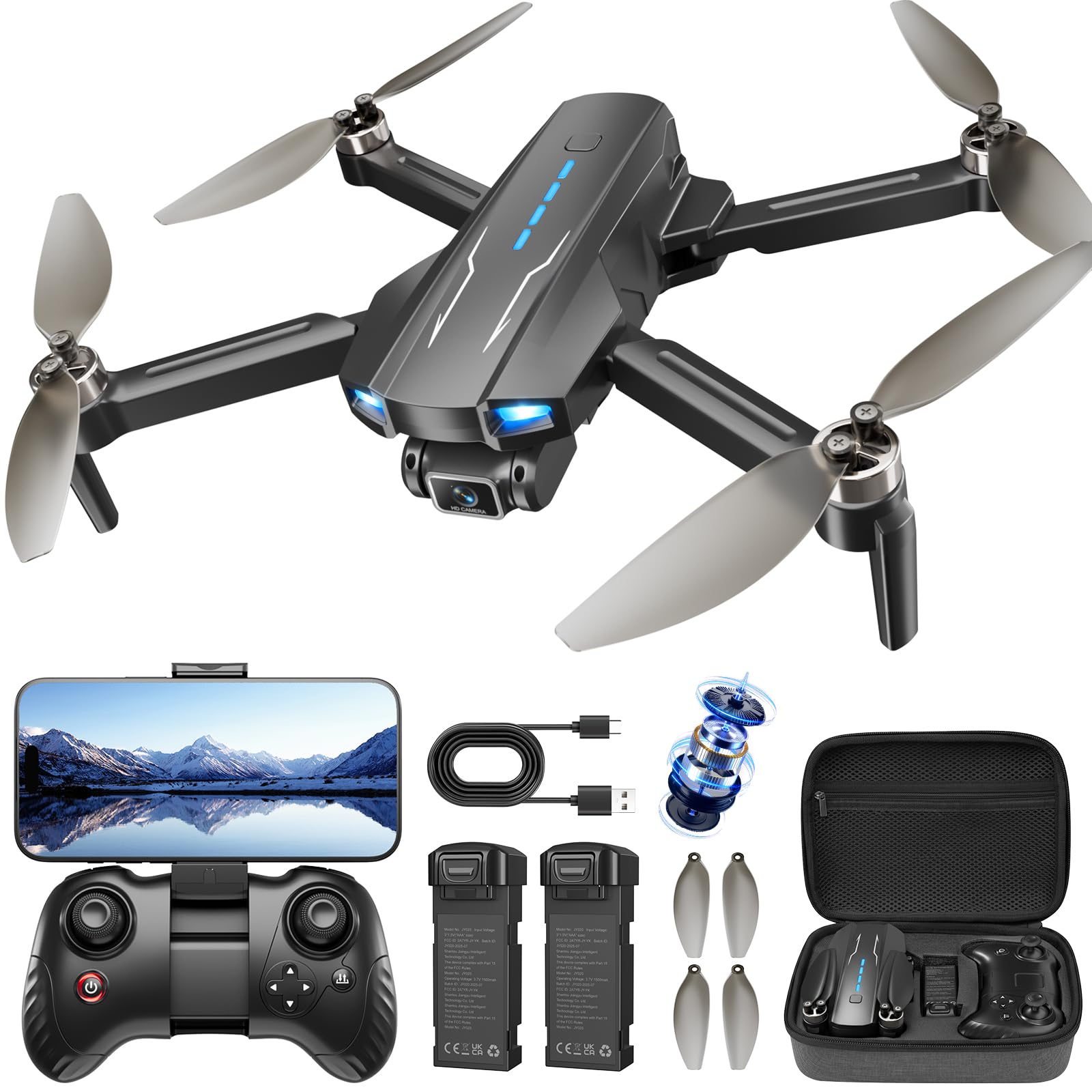 MCJDHJJ Drone with Camera for Adults, Kids and Beginners, 1080P HD FPV, Brushless Motor Quadcopter, Waypoint Fly, 360°Flip, Headless Mode, Altitude Hold, Optical Flow, RTF Foldable with Carrying Case