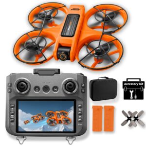 UAVRIAO Drone with 4.5″ HD Screen Remote, 2K Dual Camera Brushless Motor Quadcopter, 30 Min Flight with 2 Batteries, WiFi FPV, Follow Me, Auto Hover, 360° Protection, 3D Flip, Headless Mode, Includes Remote Lanyard – Great Gift for Adults and Beginners