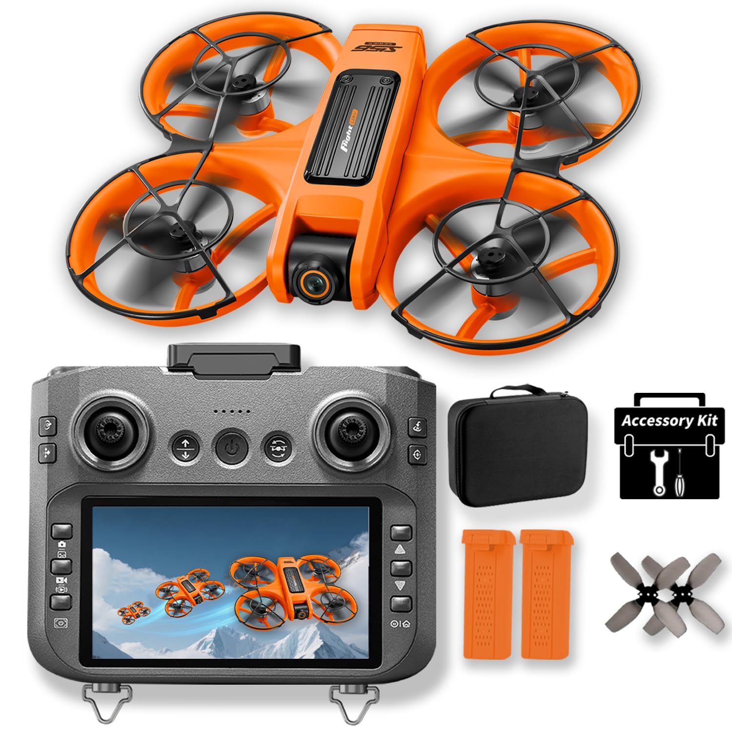 UAVRIAO Drone with 4.5" HD Screen Remote, 2K Dual Camera Brushless Motor Quadcopter, 30 Min Flight with 2 Batteries, WiFi FPV, Follow Me, Auto Hover, 360° Protection, 3D Flip, Headless Mode, Includes Remote Lanyard - Great Gift for Adults and Beginners