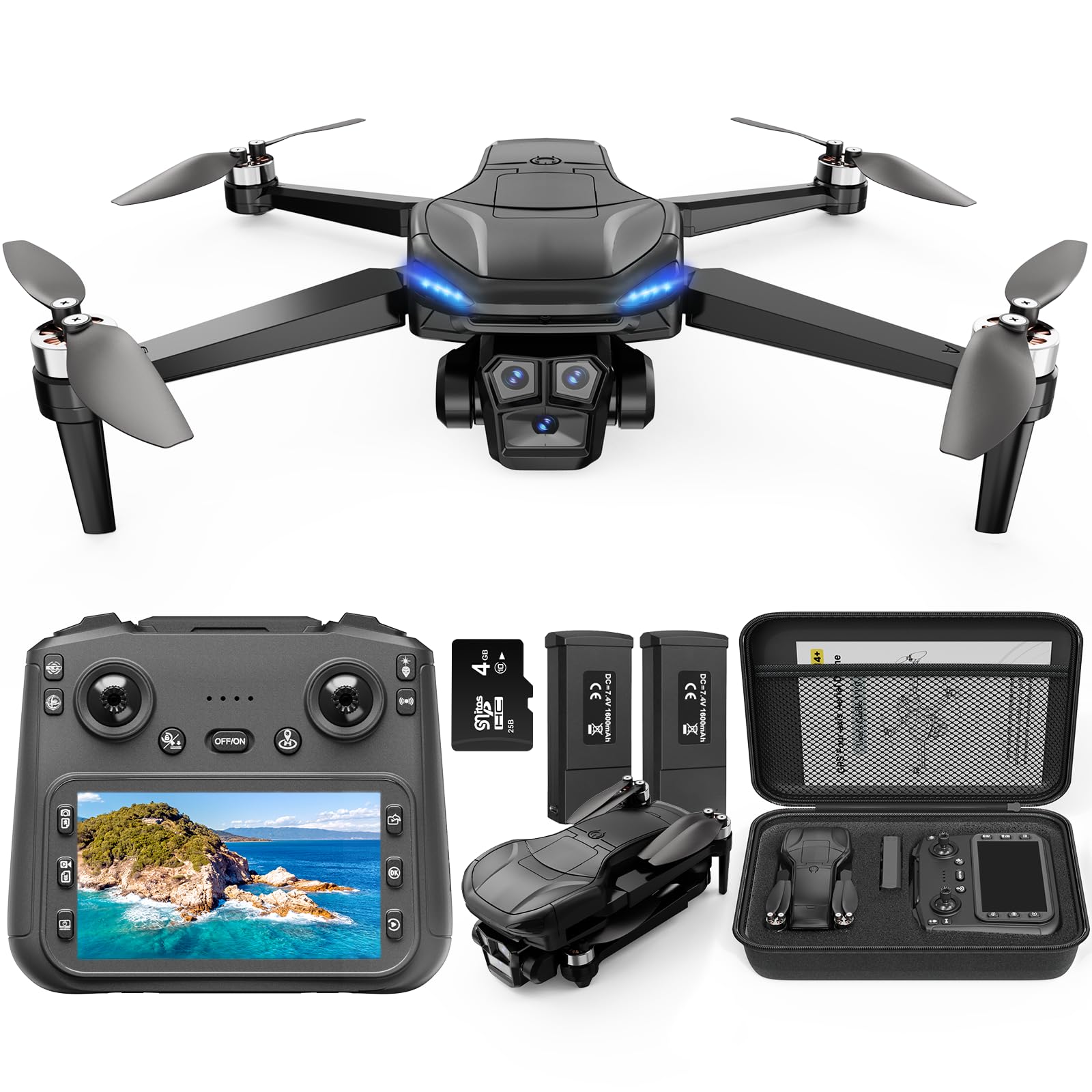 X-shop 4K GPS Drone with Camera for Adults, Brushless Motor, 4.5″ HD Screen Remote with 2 Batteries 60 Min Flight, with SD Card, Foldable Quadcopter Under 249g, Auto Return, Follow Me, 3 Speed Mode