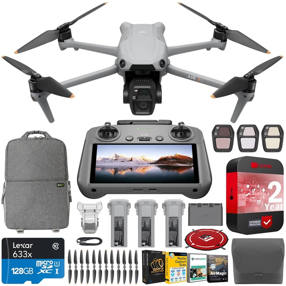 DJI Air 3S Fly More Combo (RC 2 Screen Remote) Drone with 1" CMOS Wide-Angle & Medium Tele Camera, 4K/60fps, Omnidirectional Sensing, Smart RTH, 3 Battery Bundle with Deco Gear Accessories & Software