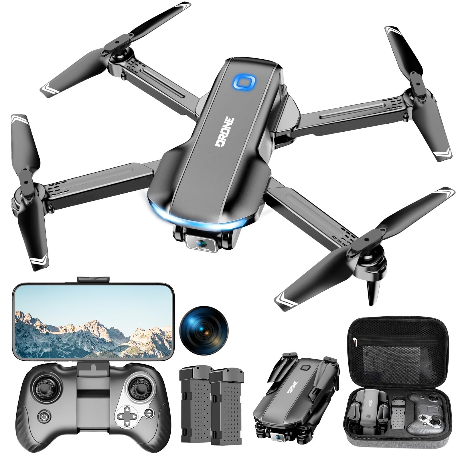Drone with Camera 1080P HD FPV Foldable Drone for Adults and Beginners, RC Quadcopter with Carrying Case, One Key Take Off/Land, Optical Flow Positioning, 360° Flip,3 Speed Mode,Waypoint Fly Dark Grey