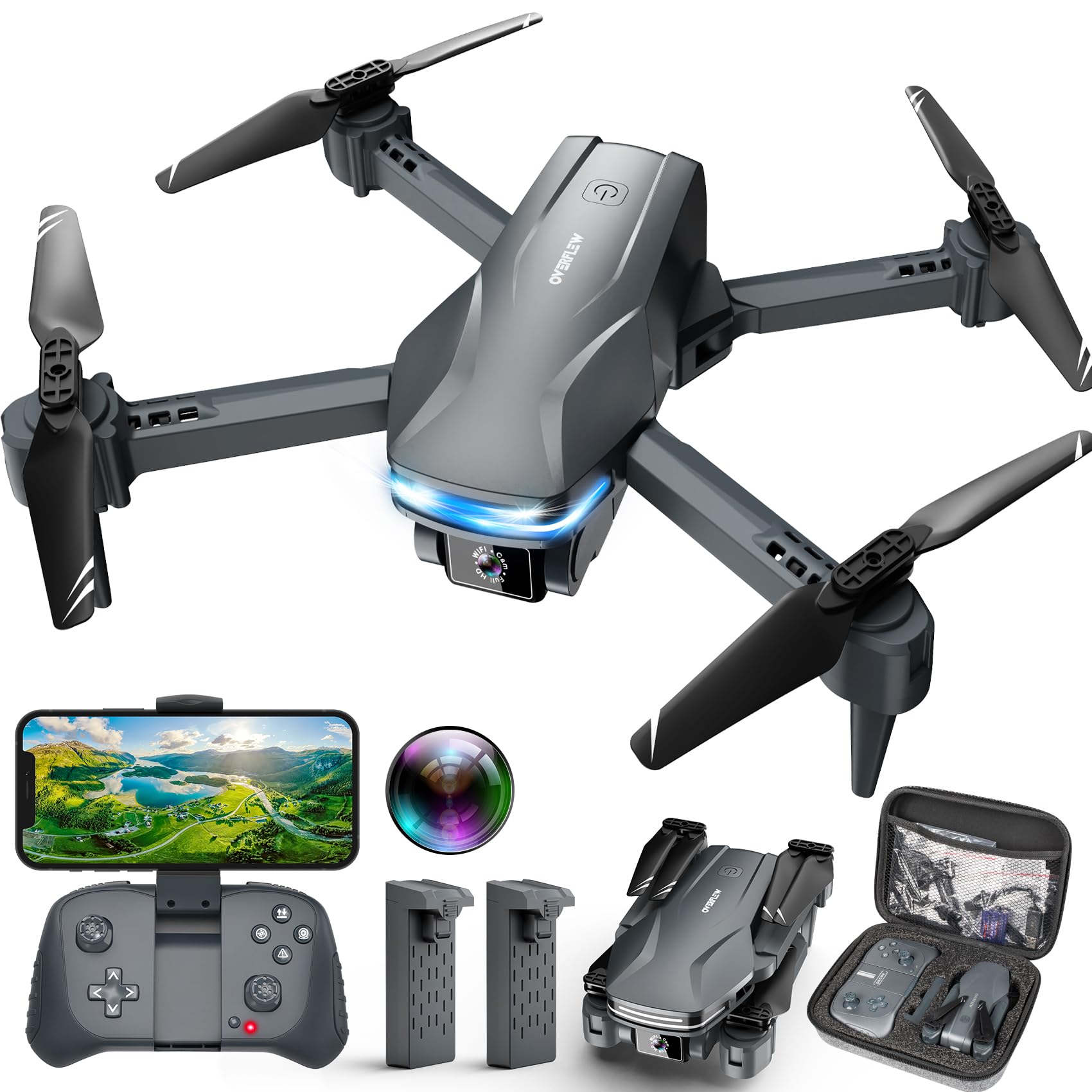 Drone with Camera 1080P HD FPV Foldable Drone for Beginners and Adults, Quadcopter with Voice Gesture Control with Carrying Case, One Key Take Off/Land, Optical Flow Positioning, 360° Flip, Waypoint Fly