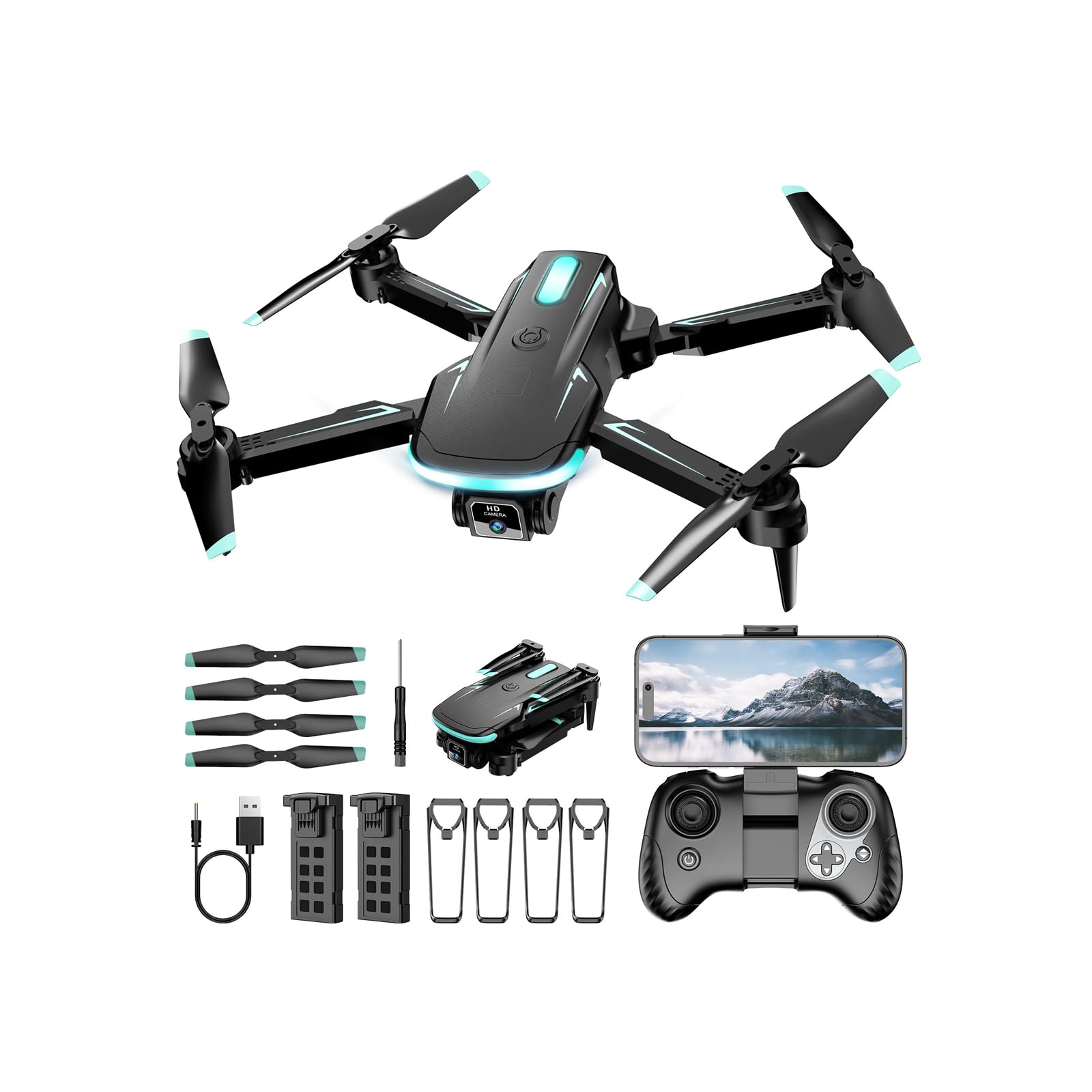 Drone with Camera 1080P HD, FPV Foldable Mini Drone for Beginners Kids Adults Boys Girls, with 2 recharging Batteries, Carrying Case, One Key Start, Stable Hover, Trajectory Flight, Toys Gifts (Black)