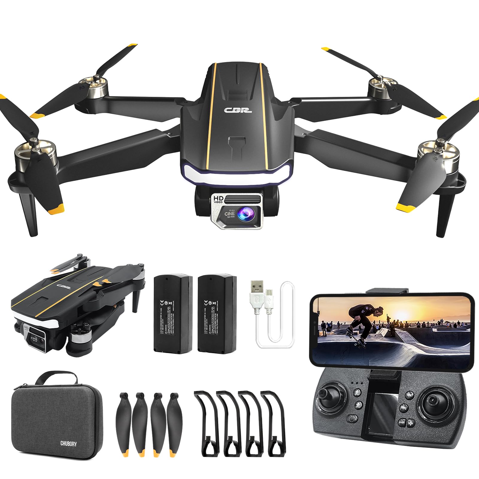 Super Enduring Brushless Motor Drone with Camera for Beginners, CHUBORY A68 WiFi FPV Quadcopter with 2K HD Camera, Auto Hover, 3D Flips, Headless Mode, Trajectory Flight, 2 Batteries, Carrying Case