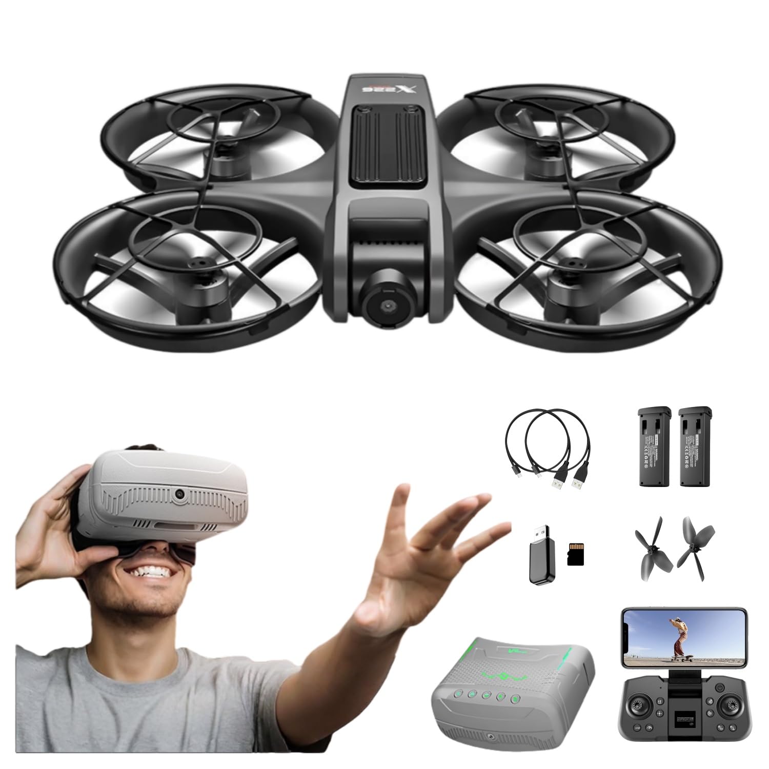 VR FPV Drone, Experience First-Person View Flight, Comes With a VR Goggle Kit and Remote Controller. This drone Features a Full Propeller Protection Guard and Collision-Resistant Structure, Making it simple to Operate and Ideal for Beginners. Equipped With an Optical Flow Positioning System and Brushless Motors for Smoother and More Precise Flight. Ideal as an FPV Quadcopter for Entertainment or as a High-Performance Remote Control Helicopter.