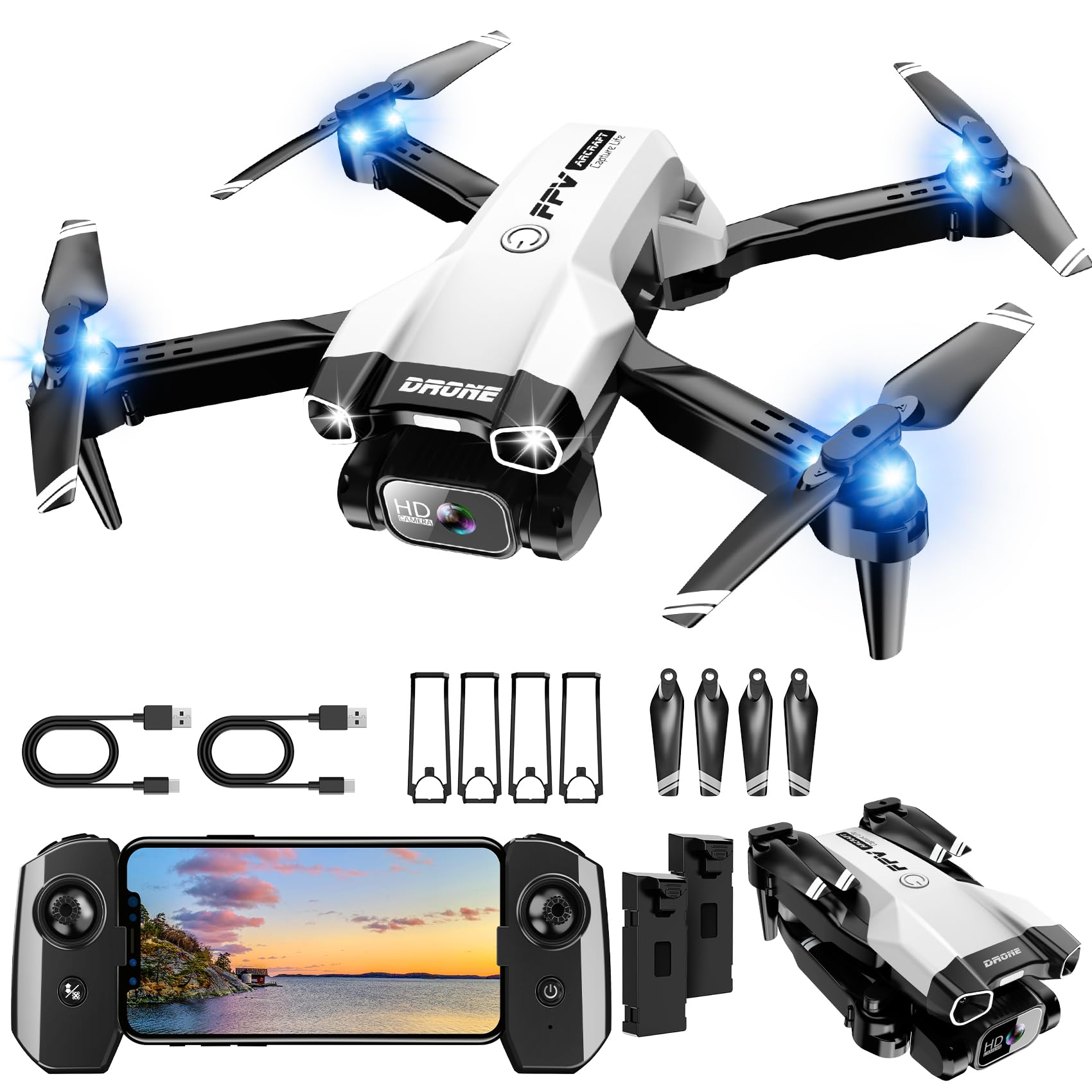1080P Mini Drone with Camera, Drone for Beginners with Light, WiFi Transmission, One Key Start, Gestures Selfie, Waypoint Fly, 3D Flip, Headless Mode and App Control,