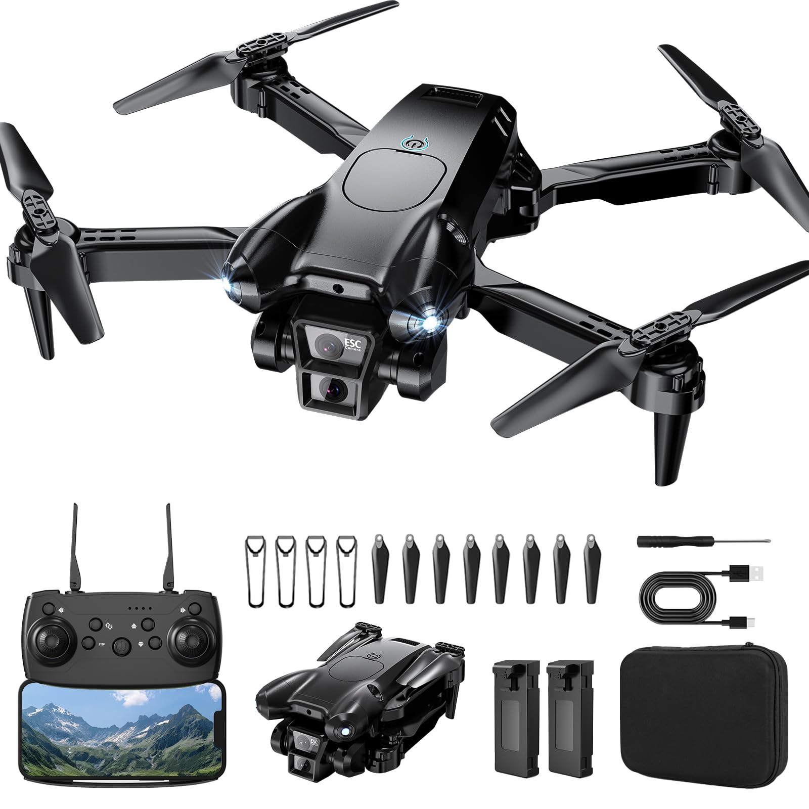 ASFSFQ Drone with Camera 1080P HD, Mini Drone for Beginners Kids Adults, Foldable RC Quadcopter with Stable Hover, Trajectory Flight, One Key Take Off/Land, 2 Batteries, Toys for Boys and Girls (Black)