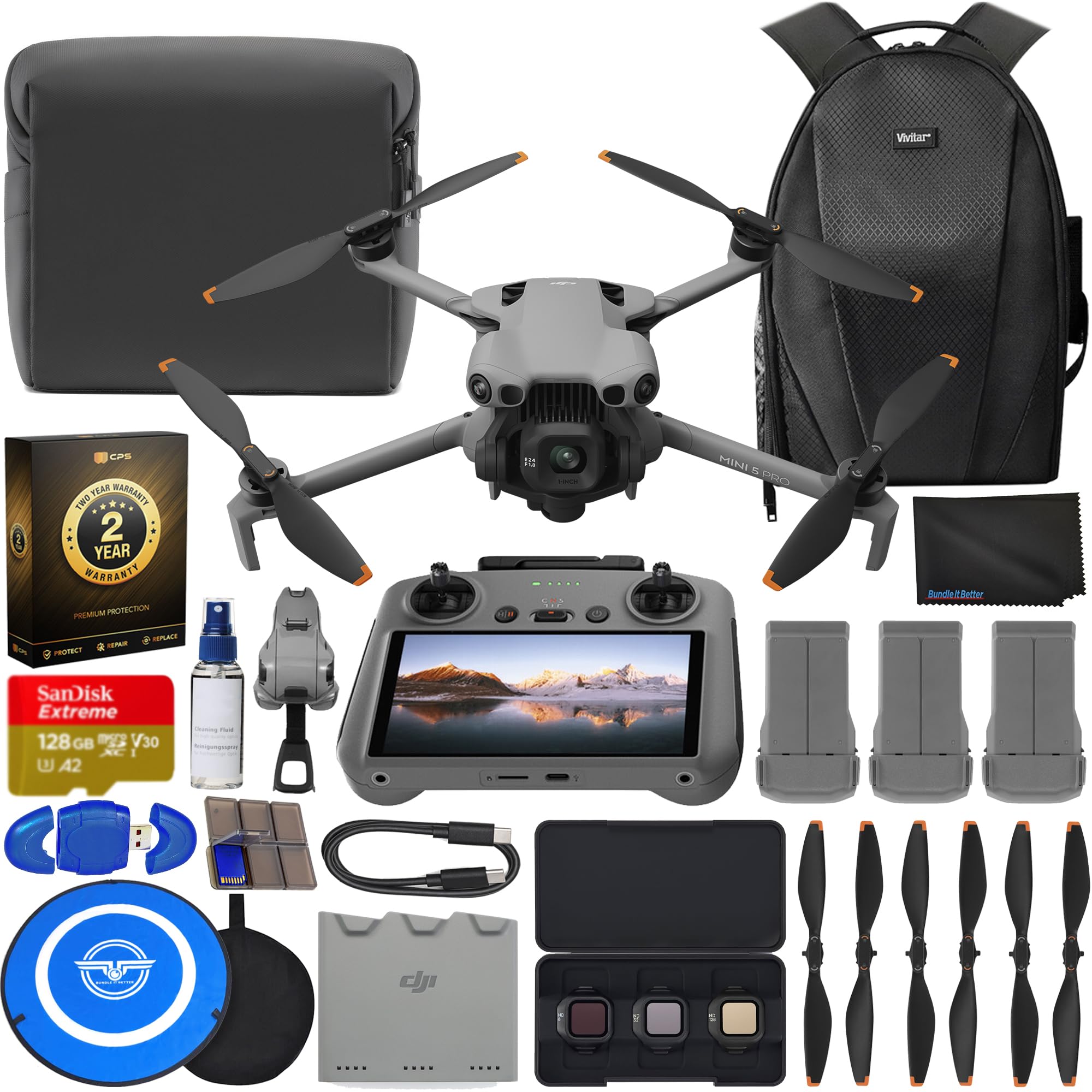 DJI Mini 5 Pro Drone Fly More Combo with RC 2 Controller (With Screen) Folding Drone with 4K Video, 36 Mins Flight Time, 3 Batteries Bundle with 128GB Memory Card, CPS 2 Year Warranty + Pilot Kit