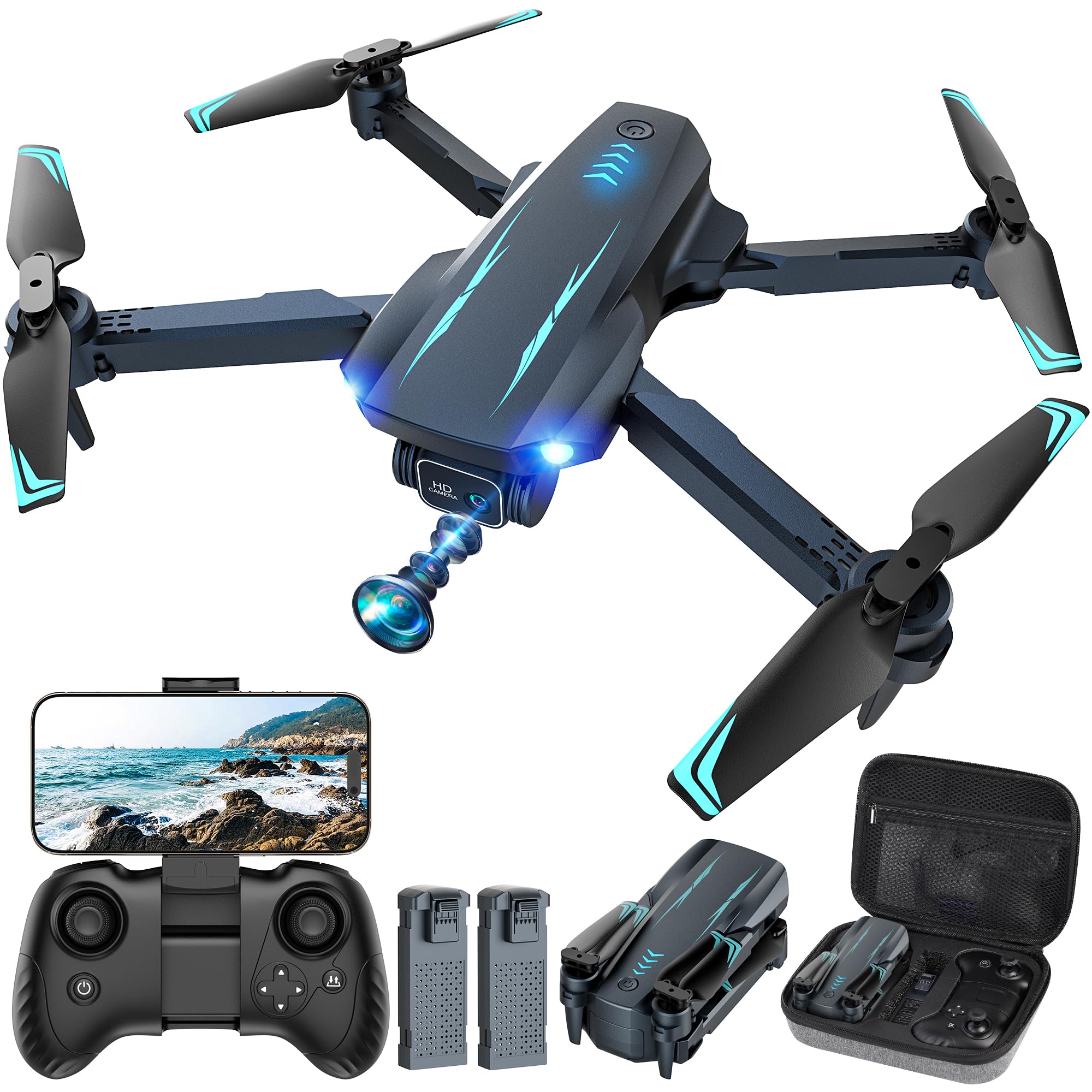 Drone with 1080P FPV Camera, Drone for Kids Adults with One Key Take Off/Land, Altitude Hold, 3D Flip, Waypoint Flight, Gestures Selfie, Gravity Control, 3 Speed, 2 Battery, Mini Drone with Camera for Kids 8-12 10-15, Beginners