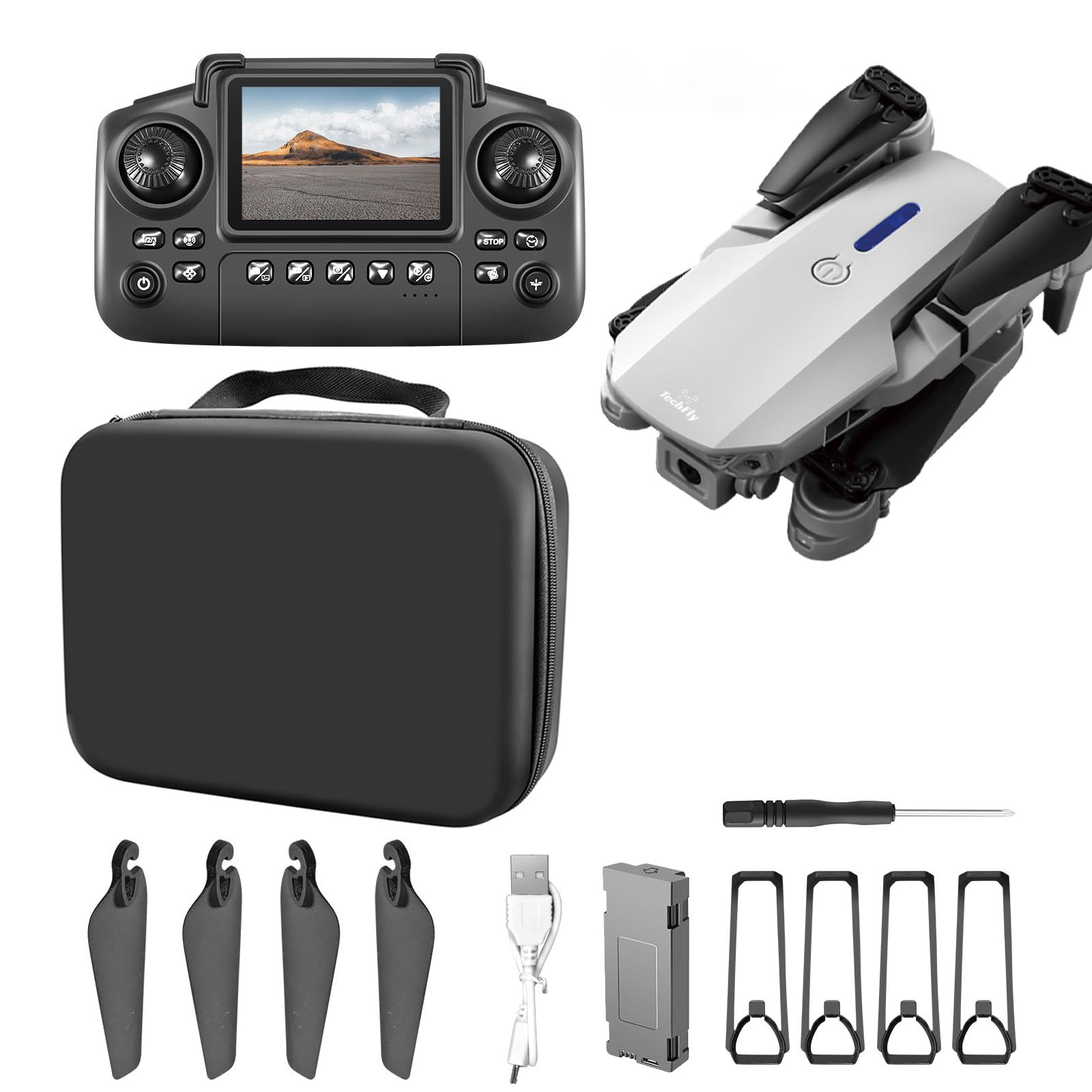 TechFly TF88S Foldable Drone with Dual 1080P Camera and FPV, Screen and Mobile App Control, Auto-Follow (Follow Me), One-Key Takeoff/Landing, Ideal for Beginners, Includes 2 Batteries