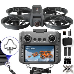 UAVRIAO 4.5" HD Screen Remote Control Drone with 2K Dual Camera & Brushless Motors, 360° Protection Safety Quadcopter, Auto Hovering, 3D Flips, Headless Mode, Follow Me, LED Light, WiFi FPV, 2 Batteries 30 Min Flight, Great Gift for Adults, Kids, Beginners