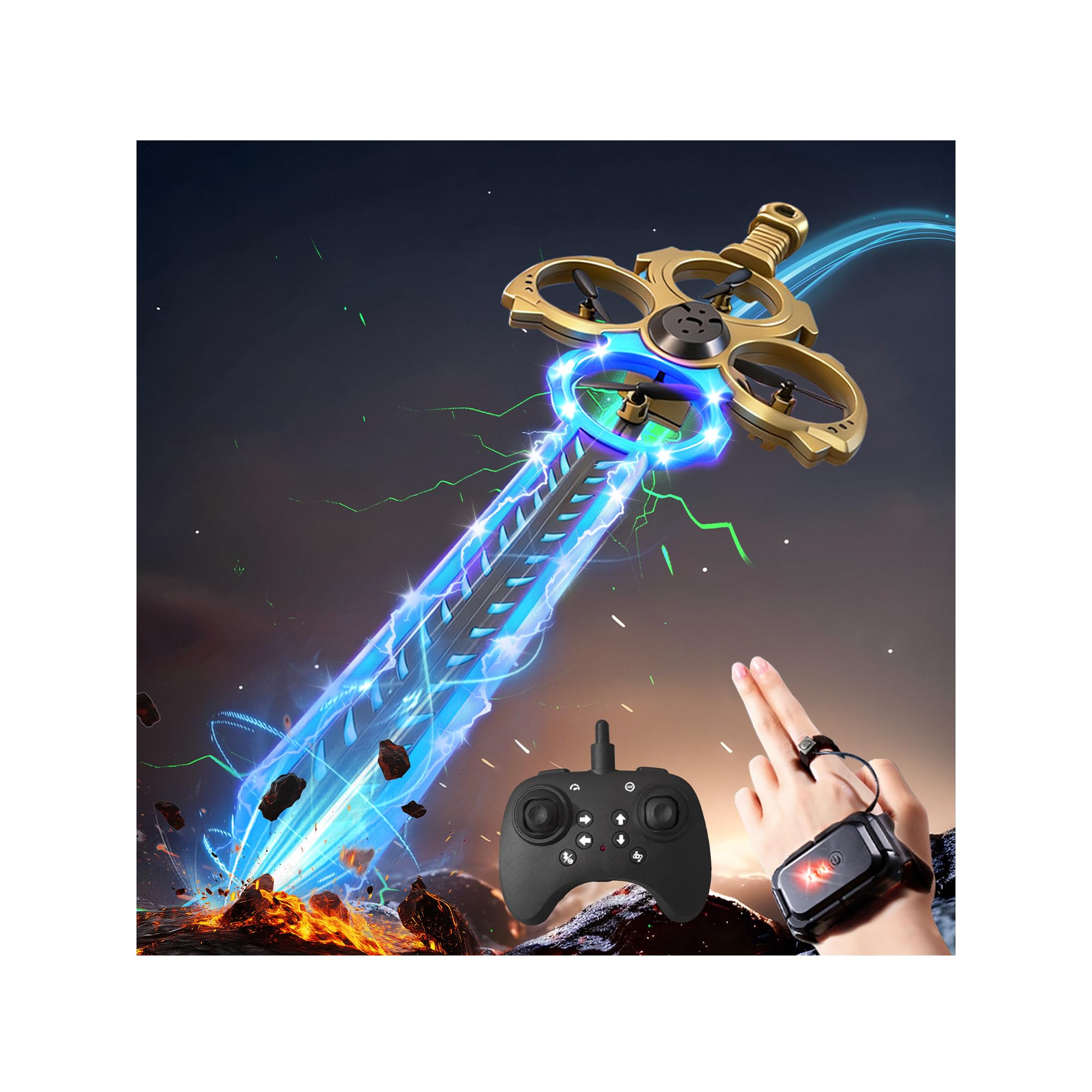 Virellia Upgraded Flying Sword RC Drone with Colorful LED Lights, ABS Metal Remote Control Airplane with Hand Gesture & Smart Watch Control, 3 Speed Modes & Stunt Drone for Kids Adults