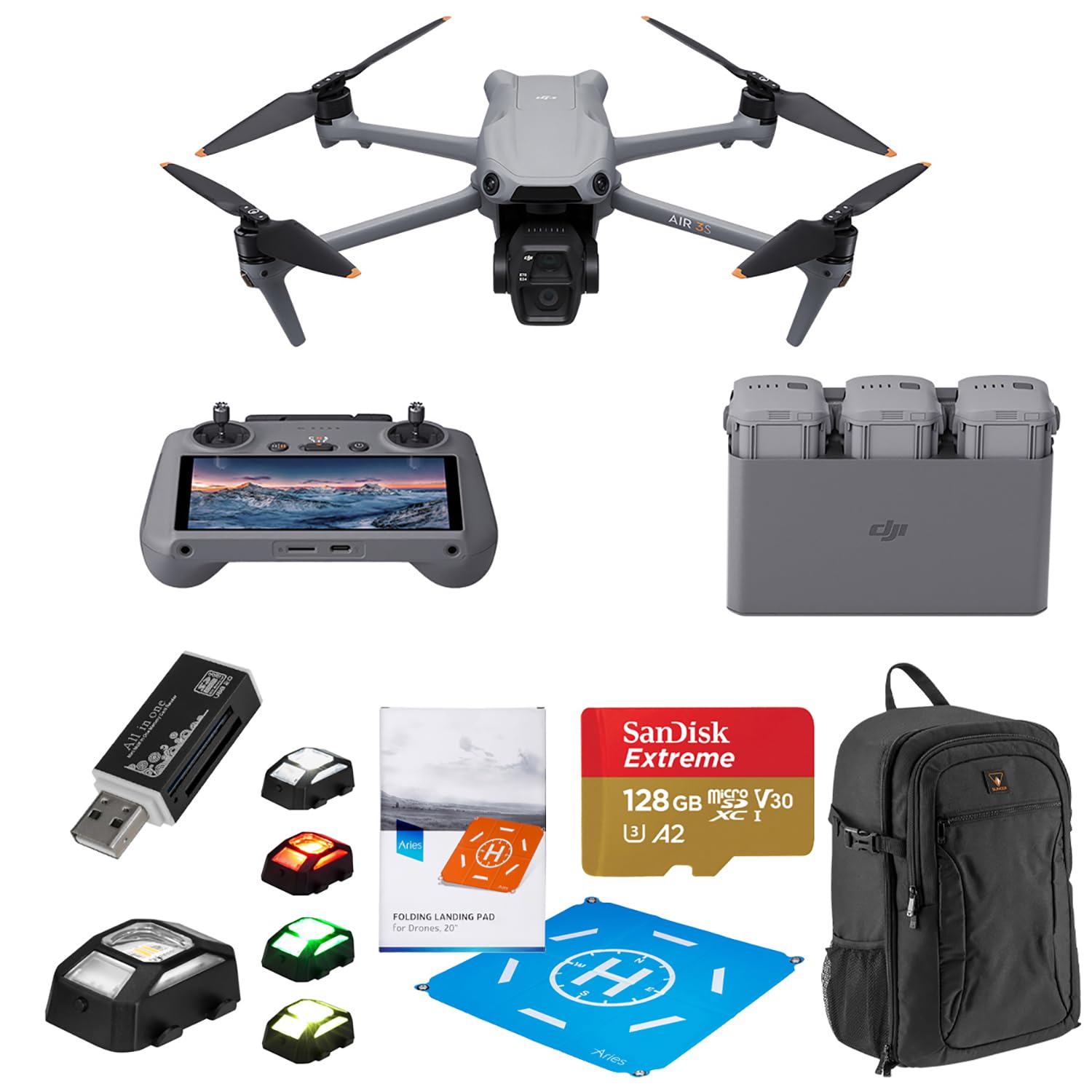 DJI Air 3S Fly More Combo (RC 2 Screen Remote Controller), Drone Wide-Angle & Medium Tele Camera for Adults, Omnidirectional Sensing & 3 Batteries for Extended Flight Time + Accessory Bundle (Fly More Combo (RC 2))