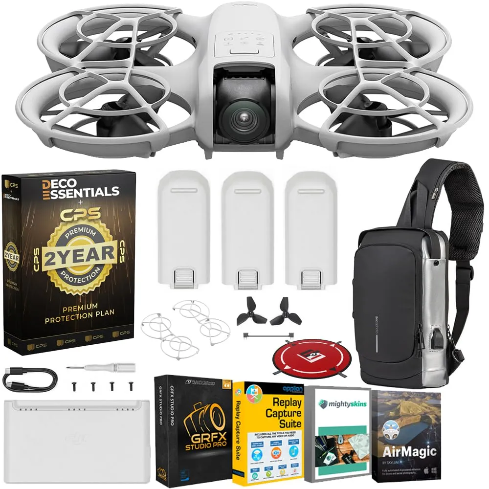 DJI Neo Three-Battery Combo, Mini Drone 4K UHD Camera Bundle with 2 YR CPS Enhanced Protection Pack, Tech Smart USA Drone Essentials Plus Software Bundle, Landing Pad & Backpack